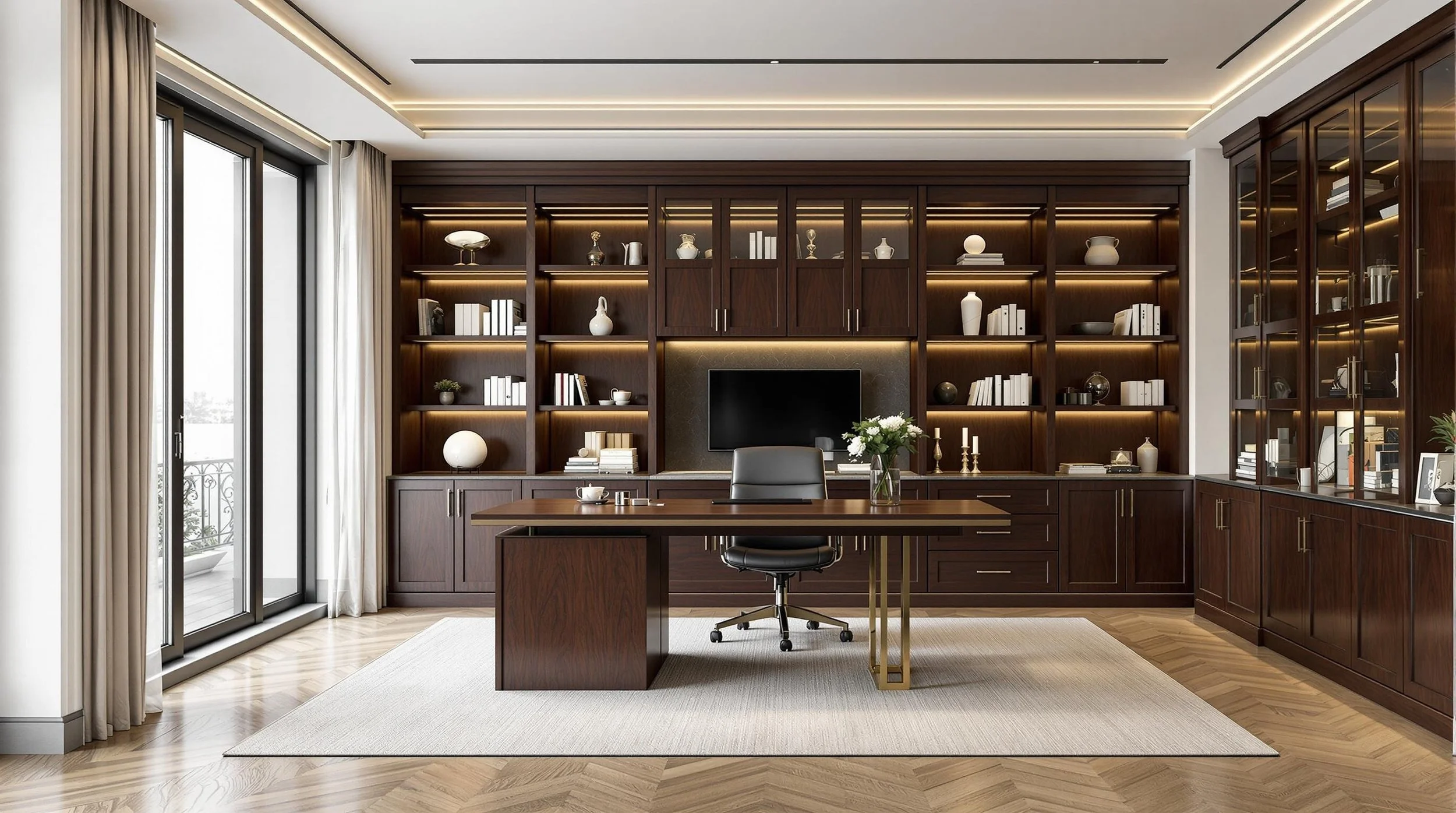 Modern home office with dark wood shelves, a desk with a black chair, a sliding glass door with curtains, and decorative items like vases and books.