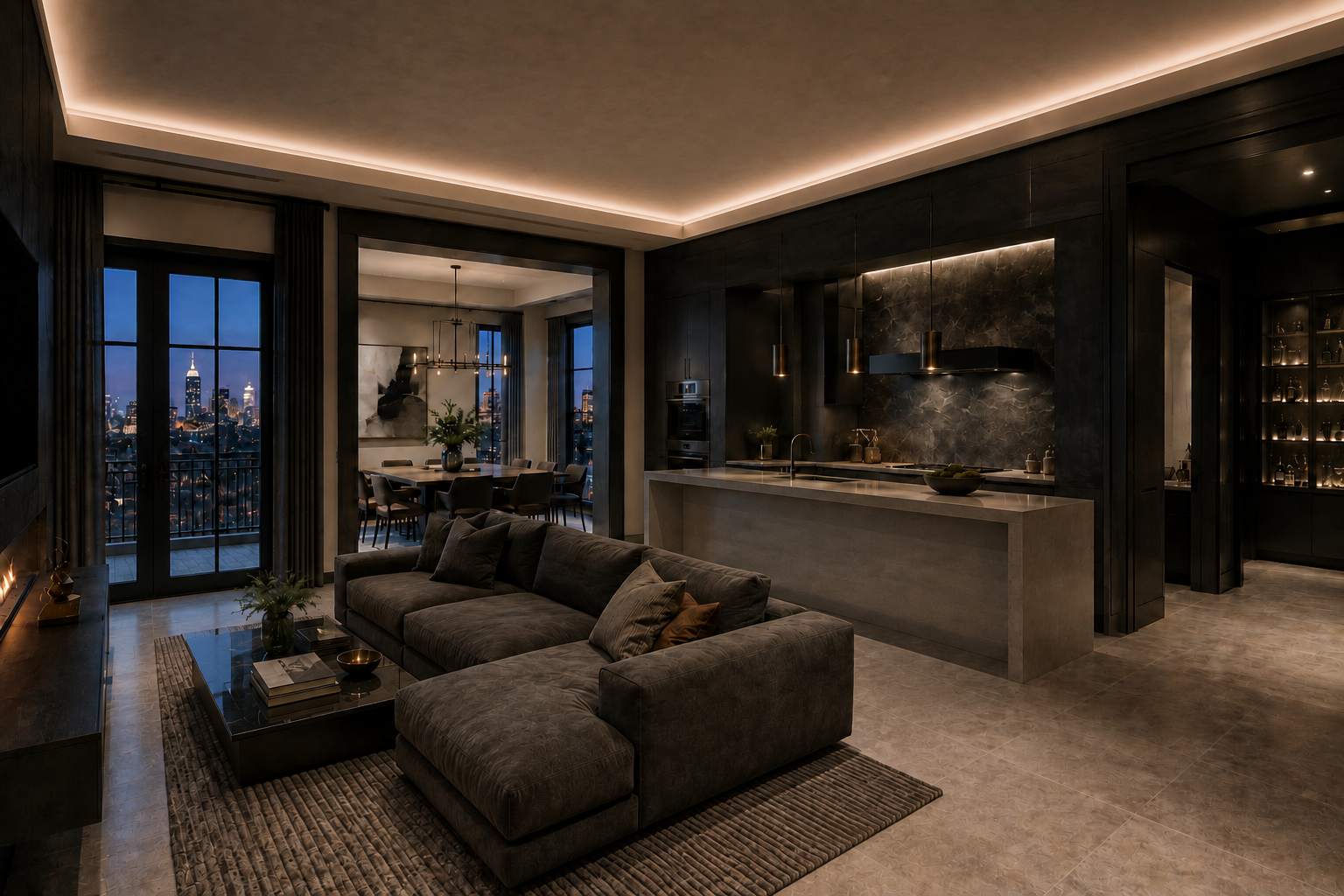 Modern living room with dark walls, large windows, grey sofa, and a view of a city skyline at dusk.