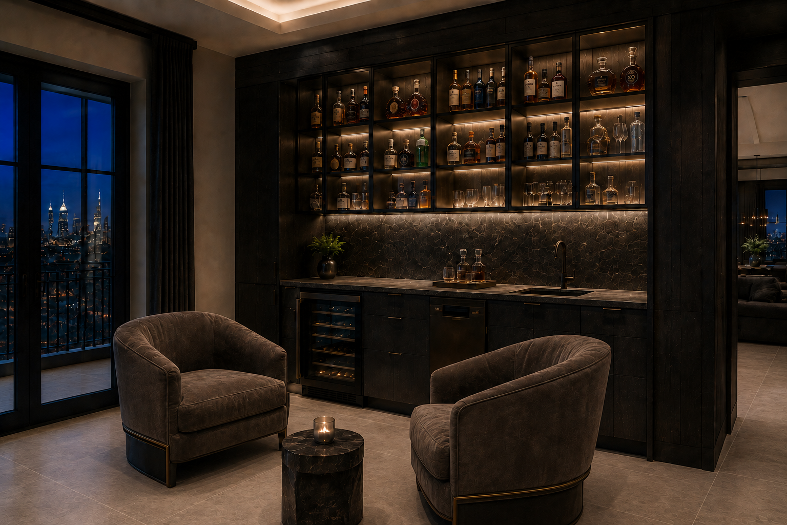 A sophisticated home bar with dark wood cabinets, illuminated shelves of liquor bottles and glassware, two plush armchairs, a small round marble side table with a candle, a window showing a city skyline at night.