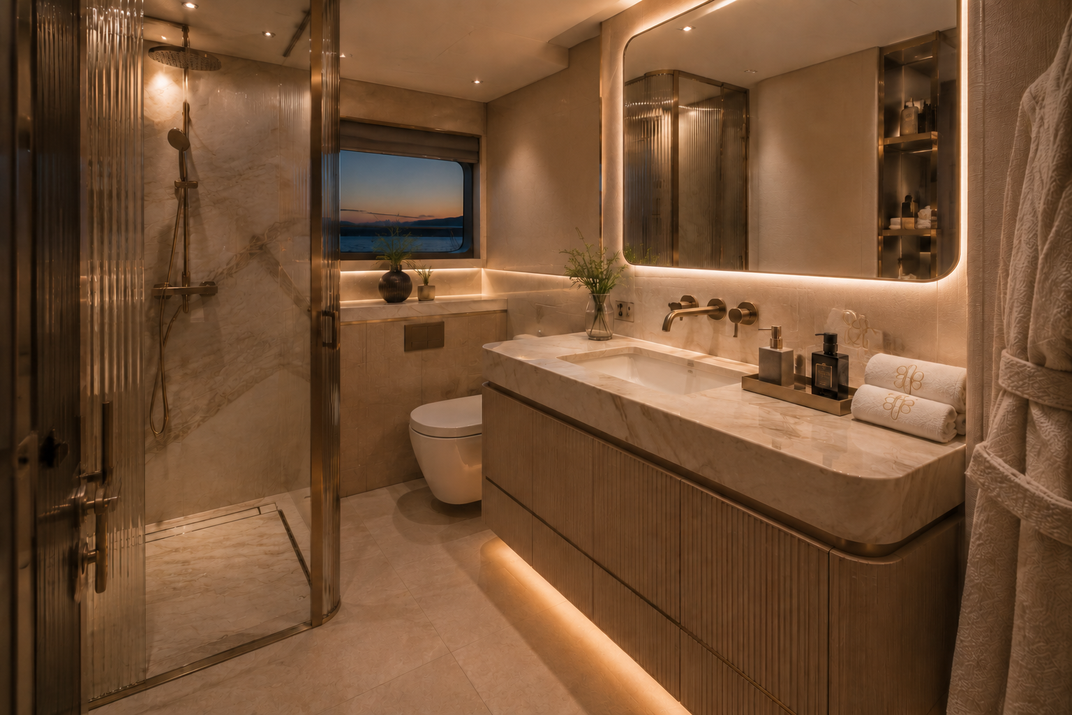 Luxurious bathroom with marble countertops, a large mirror with backlit framing, a walk-in shower with glass door, and a window showing a sunset over mountains.