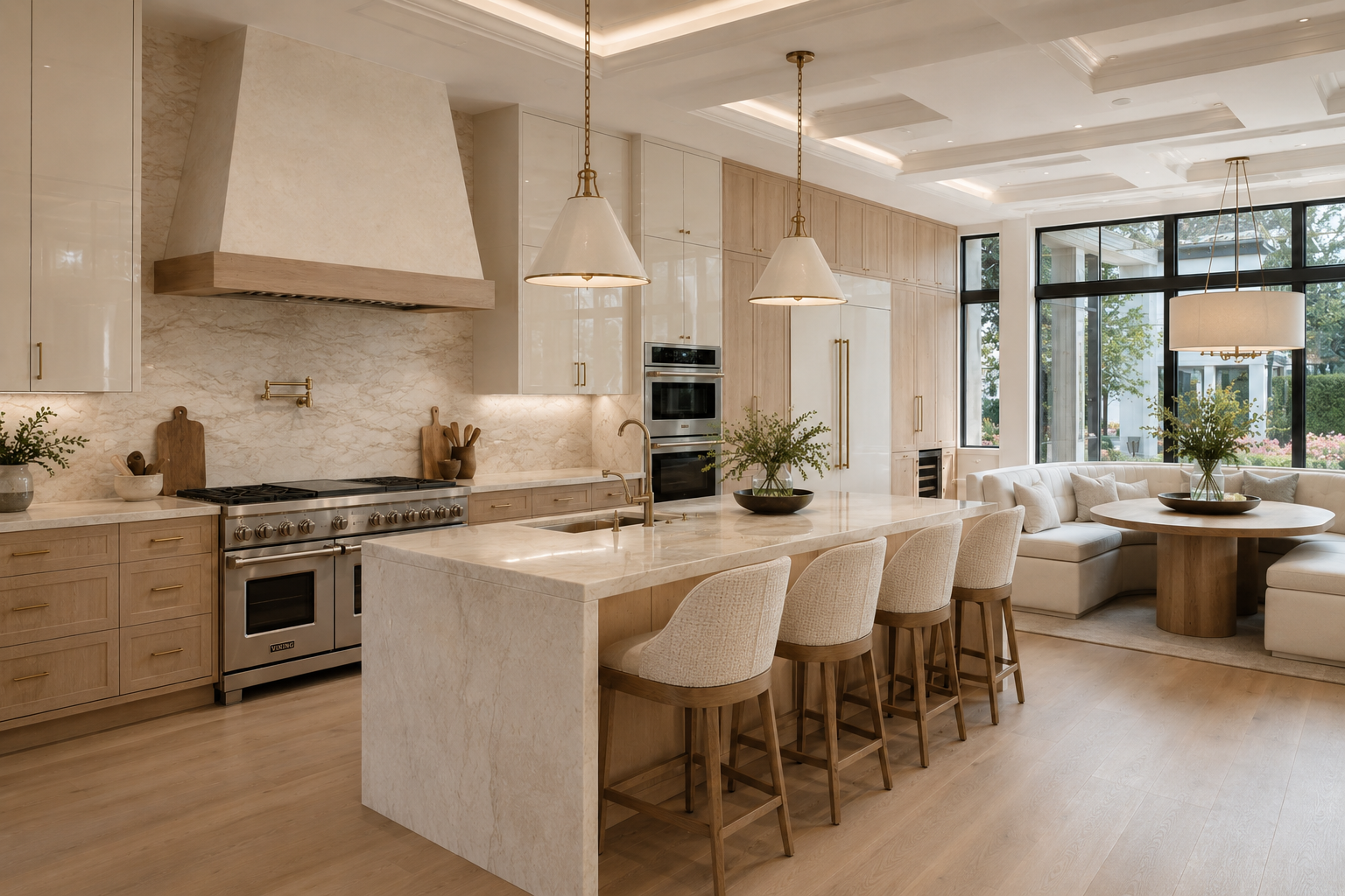 Modern kitchen with cream-colored cabinets, marble backsplash, large island with barstools, and a sitting area with a round table and built-in sofa near large windows.