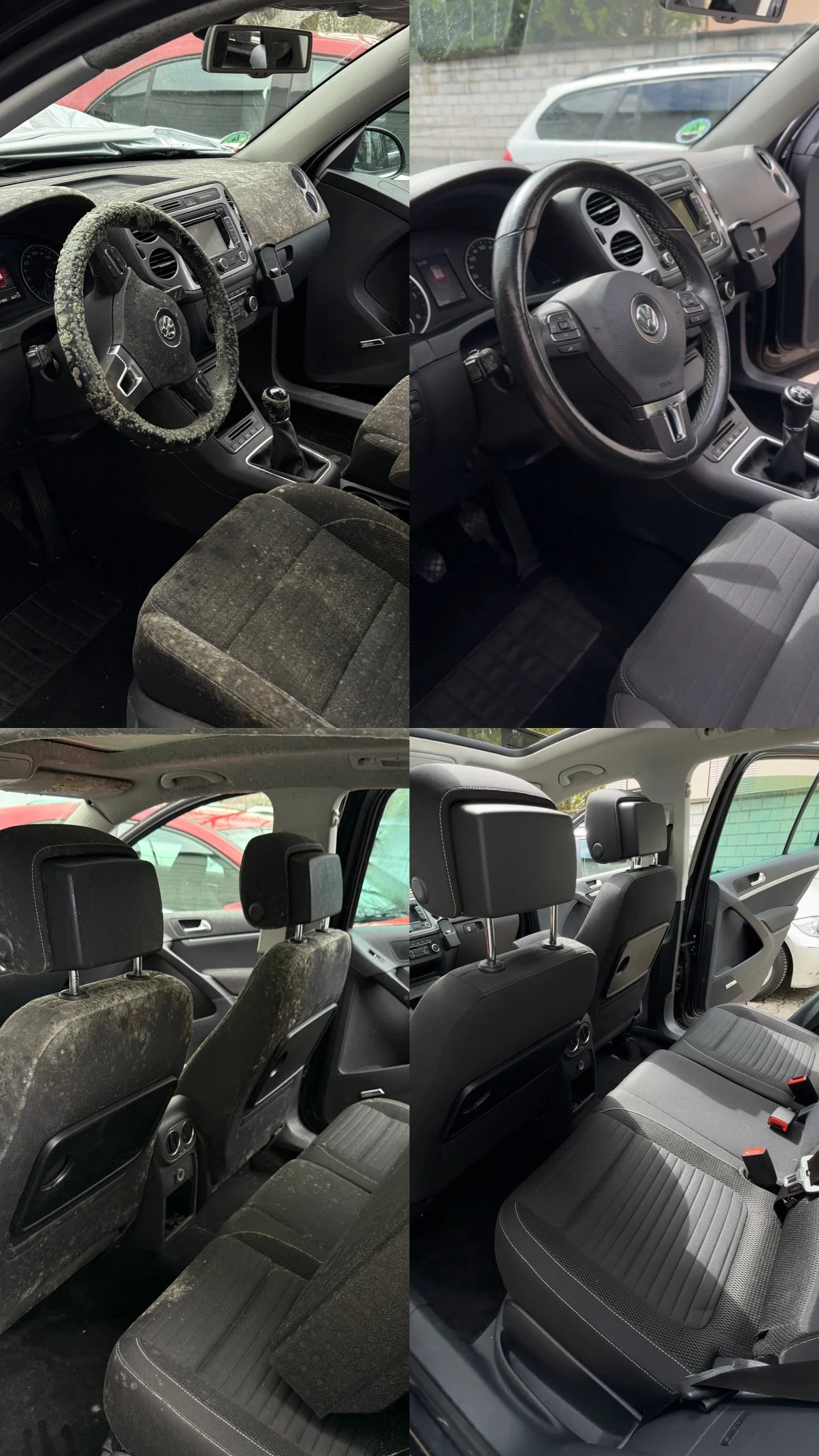 Vergleich zwischen älterem, verschimmelten, schmutzigem Innenraum eines Autos mit stylischer Abdeckung, und sauberem, modernem Innenraum mit neuer Sitzpolsterung. FJayAutoCare Schimmelentfernung