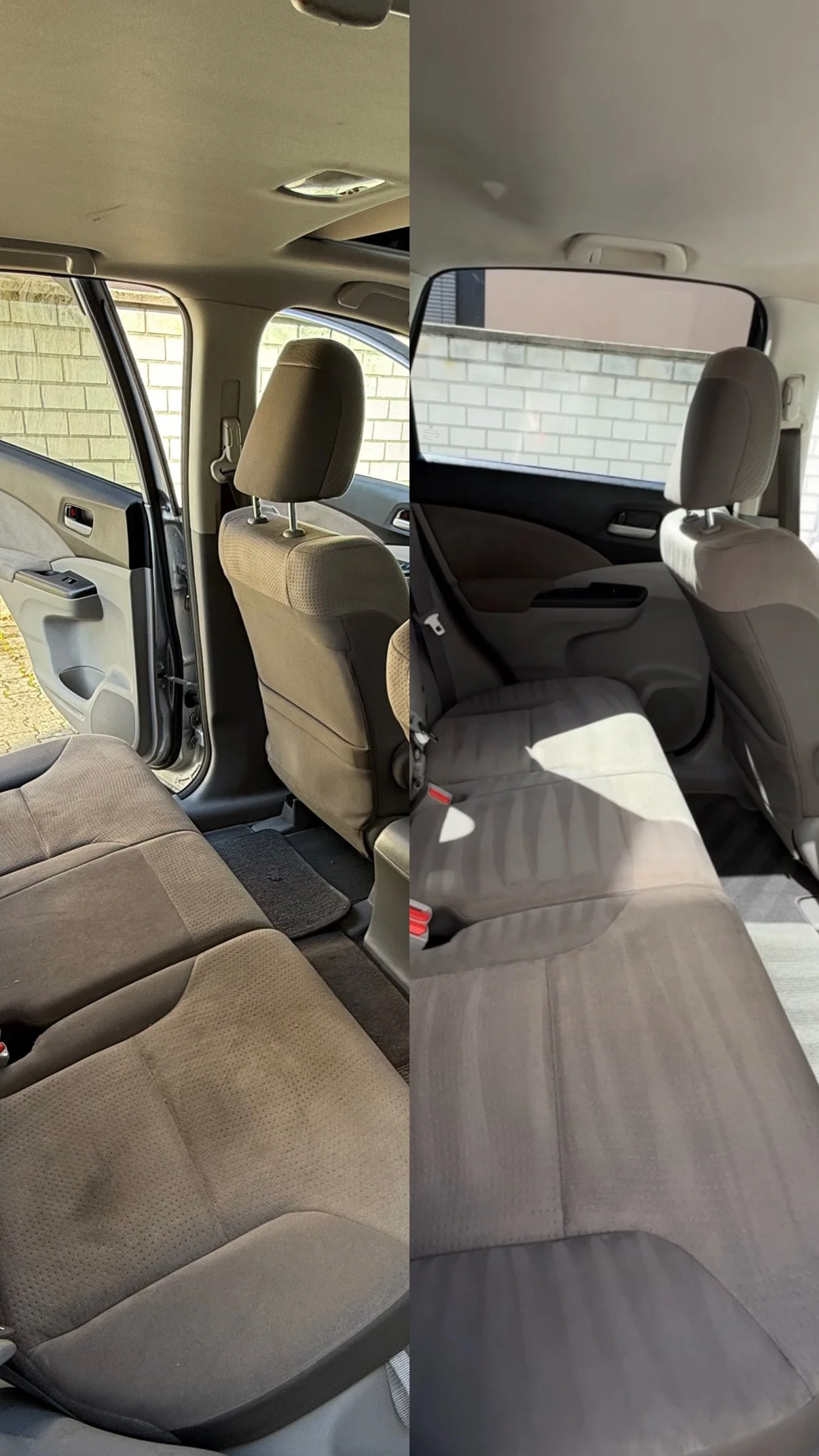 Vergleich zweier Innenraumaufnahmen eines Autos mit beige Sitzen, eine Aufnahme zeigt den vorderen Fahrgastraum, die andere den hinteren Bereich.
