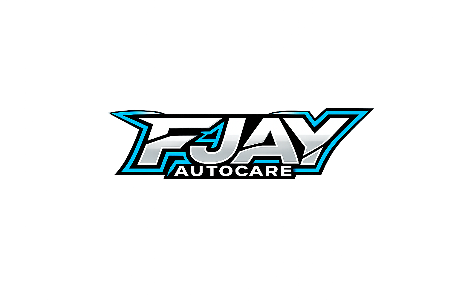 Logo mit dem Text 'FJAY AUTOCARE' in stilisierter Schrift, mit blauer und schwarzer Umrandung, auf dunklem Hintergrund.