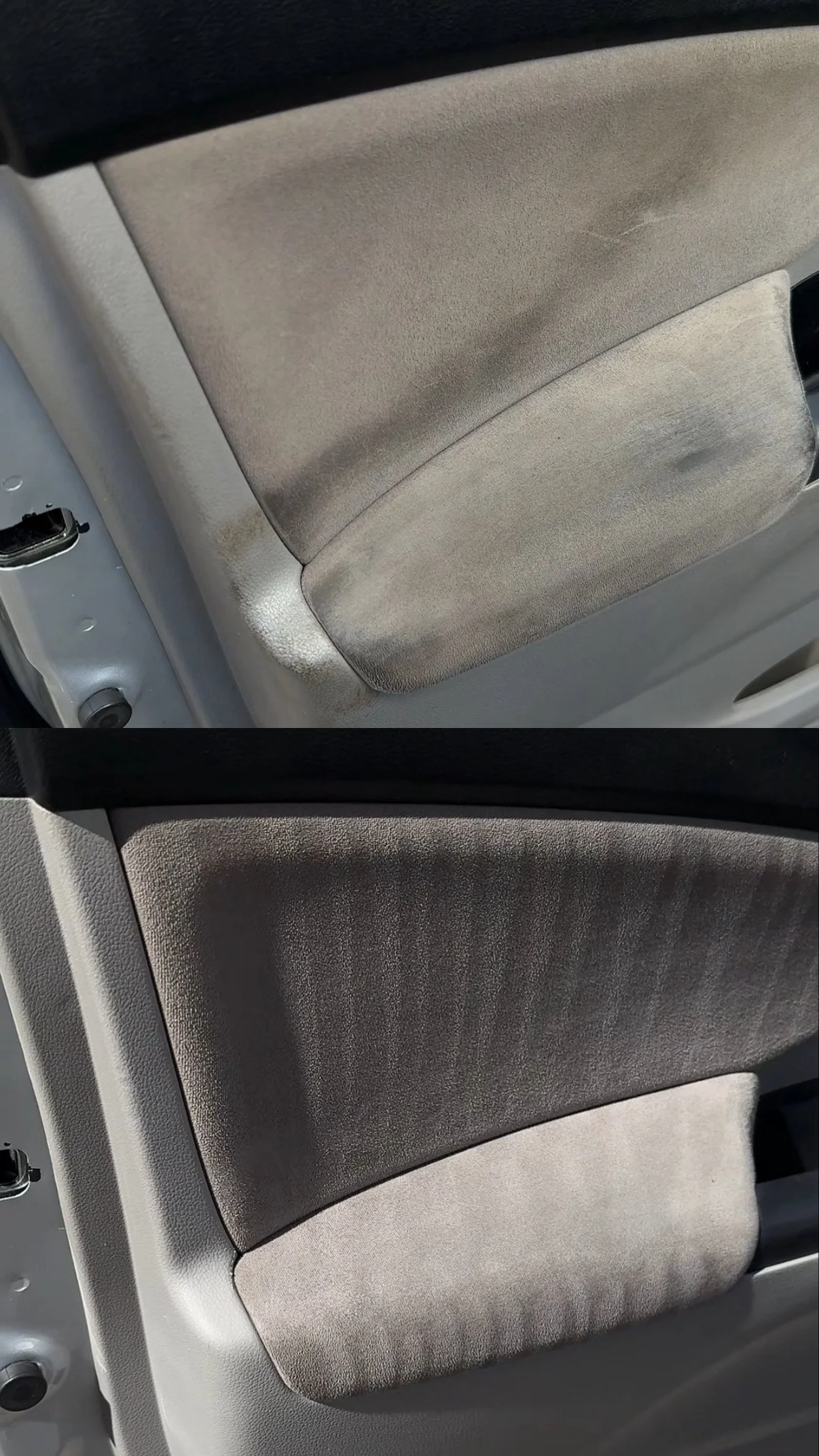 Zwei Autositze, der obere ist abgenutzt und schmutzig, der untere sauber und neu.