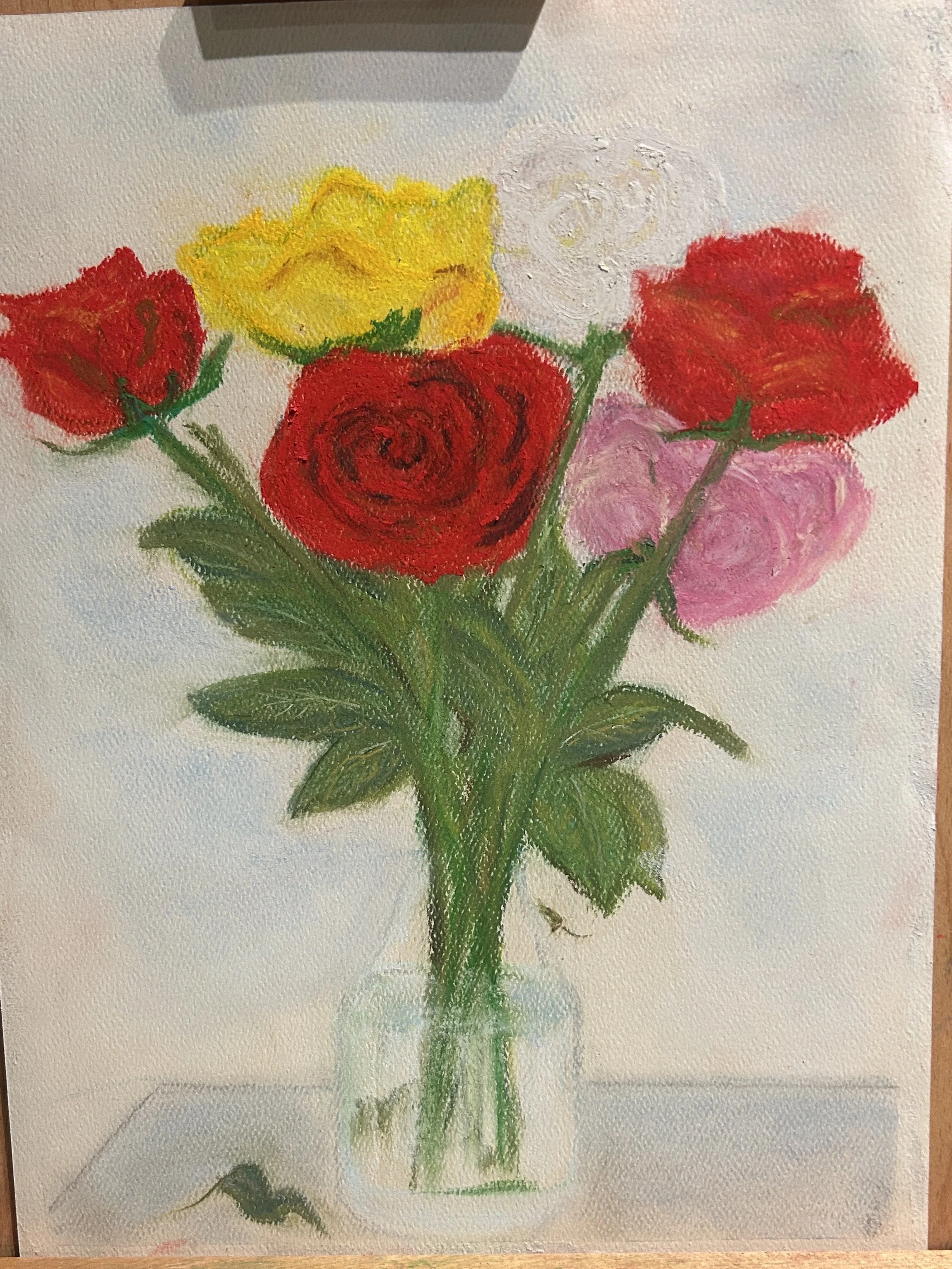 Colorful oil painting of a bouquet of roses in a small glass vase on a white surface.