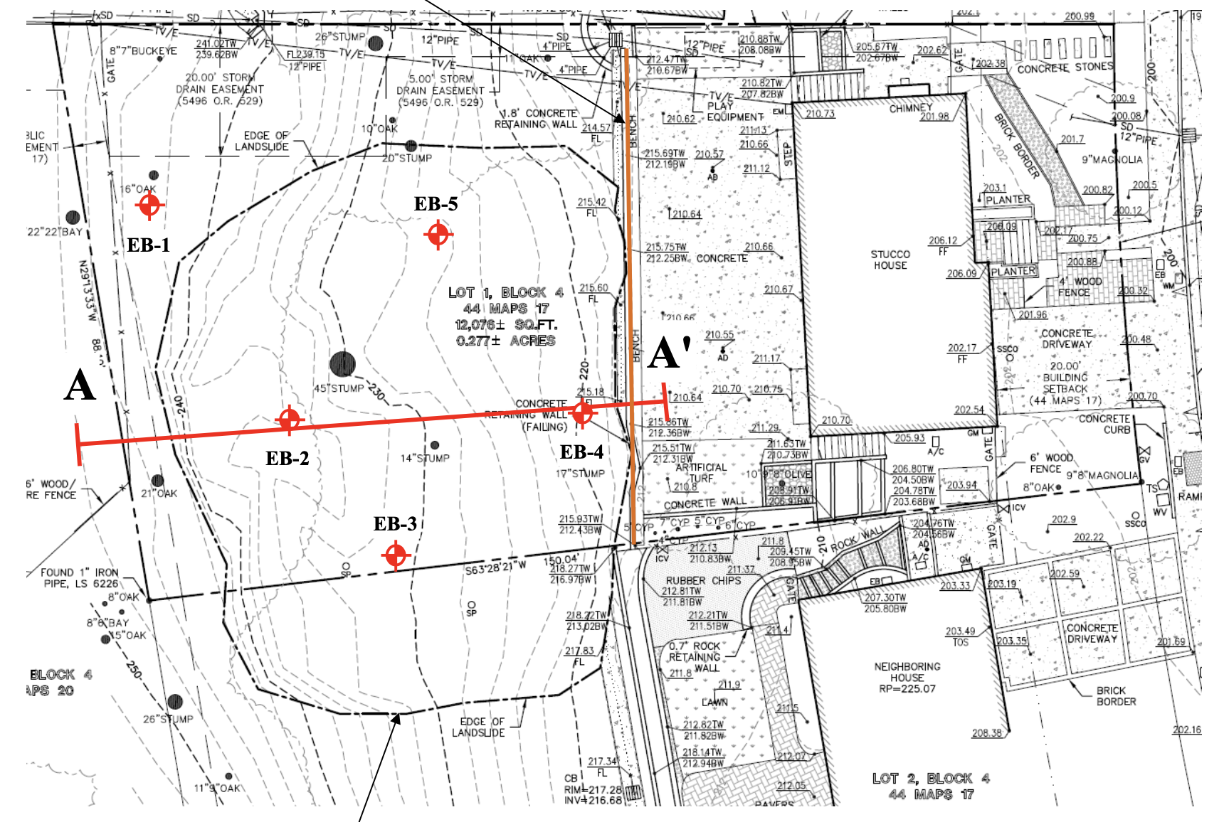 A detailed site plan showing property lines, existing structures, and topographical features. There are four marked survey points labeled EB-1, EB-2, EB-3, and EB-4, with a red line connecting EB-1 to EB-4 and extending to point A'. The plan includes measurements, utility lines, and landscape features around a residential area with a stucco house, fencing, driveway, and surrounding landscape elements.