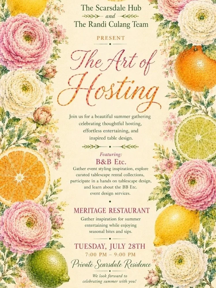 ✨ You&rsquo;re Invited ✨

Join us for The Art of Hosting, an inspiring summer evening celebrating thoughtful entertaining, beautiful tablescapes, and effortless gathering.

Hosted by The Scarsdale Hub and The Randi Culang Team, this special event wil
