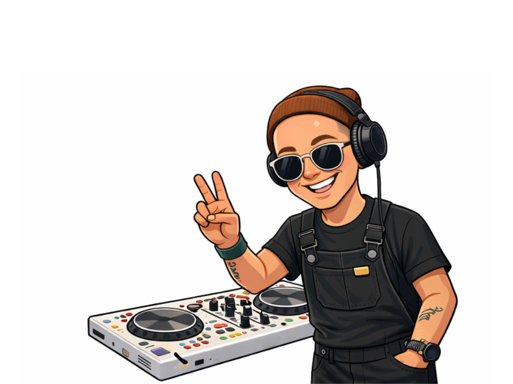 Cartoon of a smiling DJ woman wearing sunglasses, headphones, and a brown beanie, making a peace sign while standing behind DJ turntables.