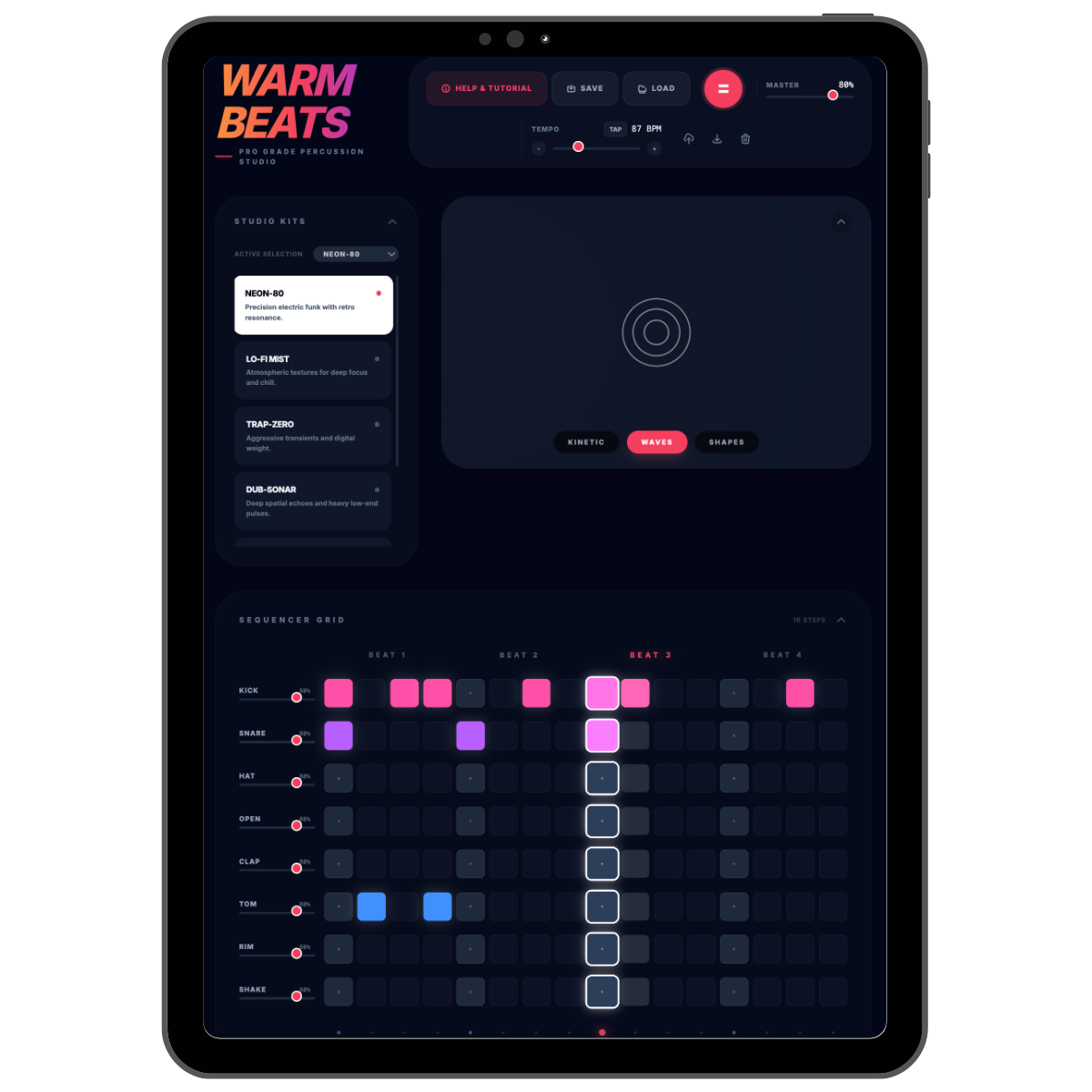Music production software interface with options for drum kit selection, sound parameters, and a sequencer grid with various colored pads for creating beats.
