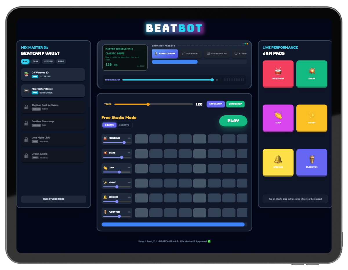 Digital music production software interface called BEATBOT with various controls and options for creating beats, including drum kits, sound effects, and live performance pads on a tablet screen.