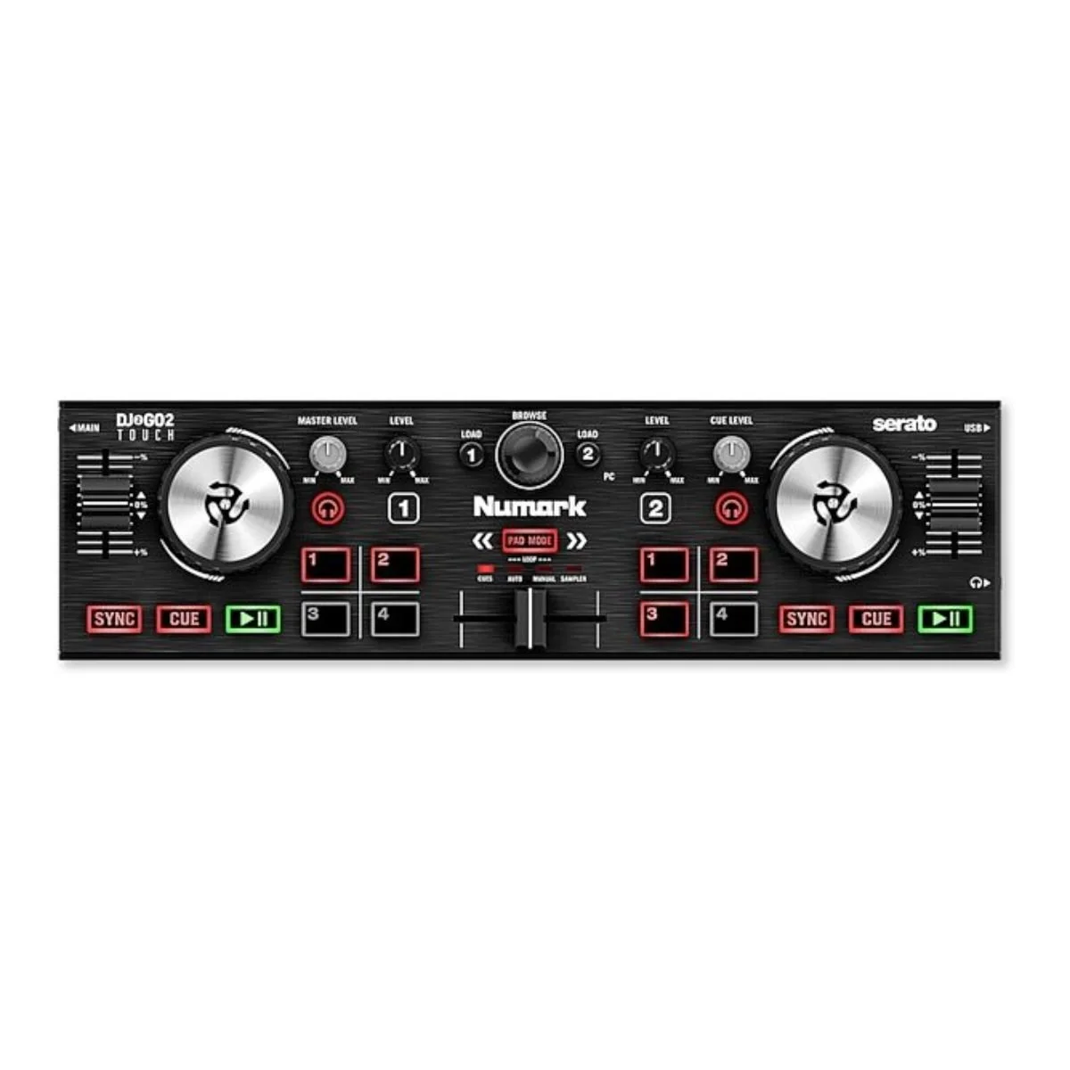 DJ mixer with black and silver controls, including two large jog wheels, various buttons, and sliders for audio control, branded 'Numark' and 'Serato'.