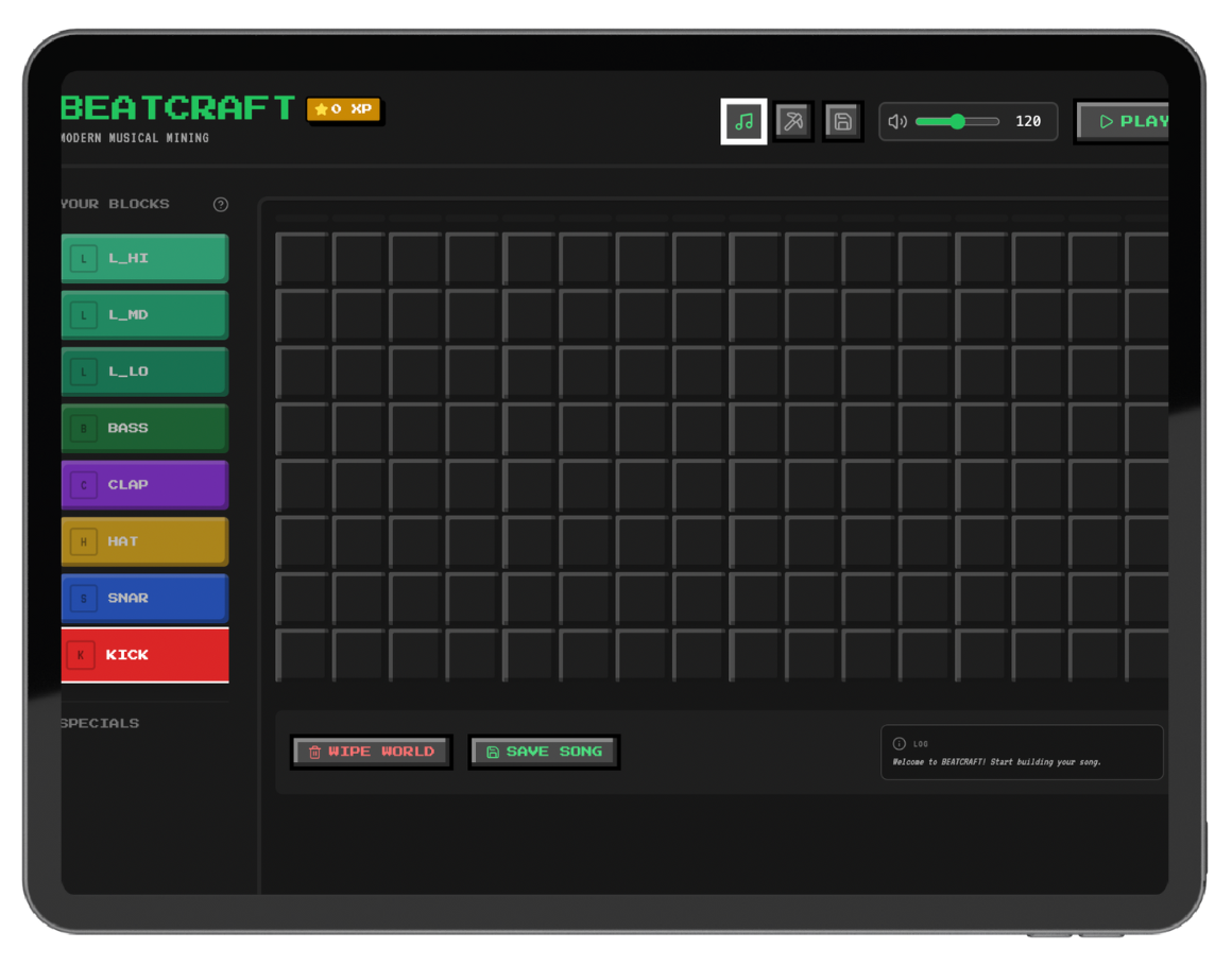 Screenshot of BEATCRAFT music production app on a tablet showing a grid layout for creating beats, with various colored blocks labeled for different drum sounds and a controls bar at the top.