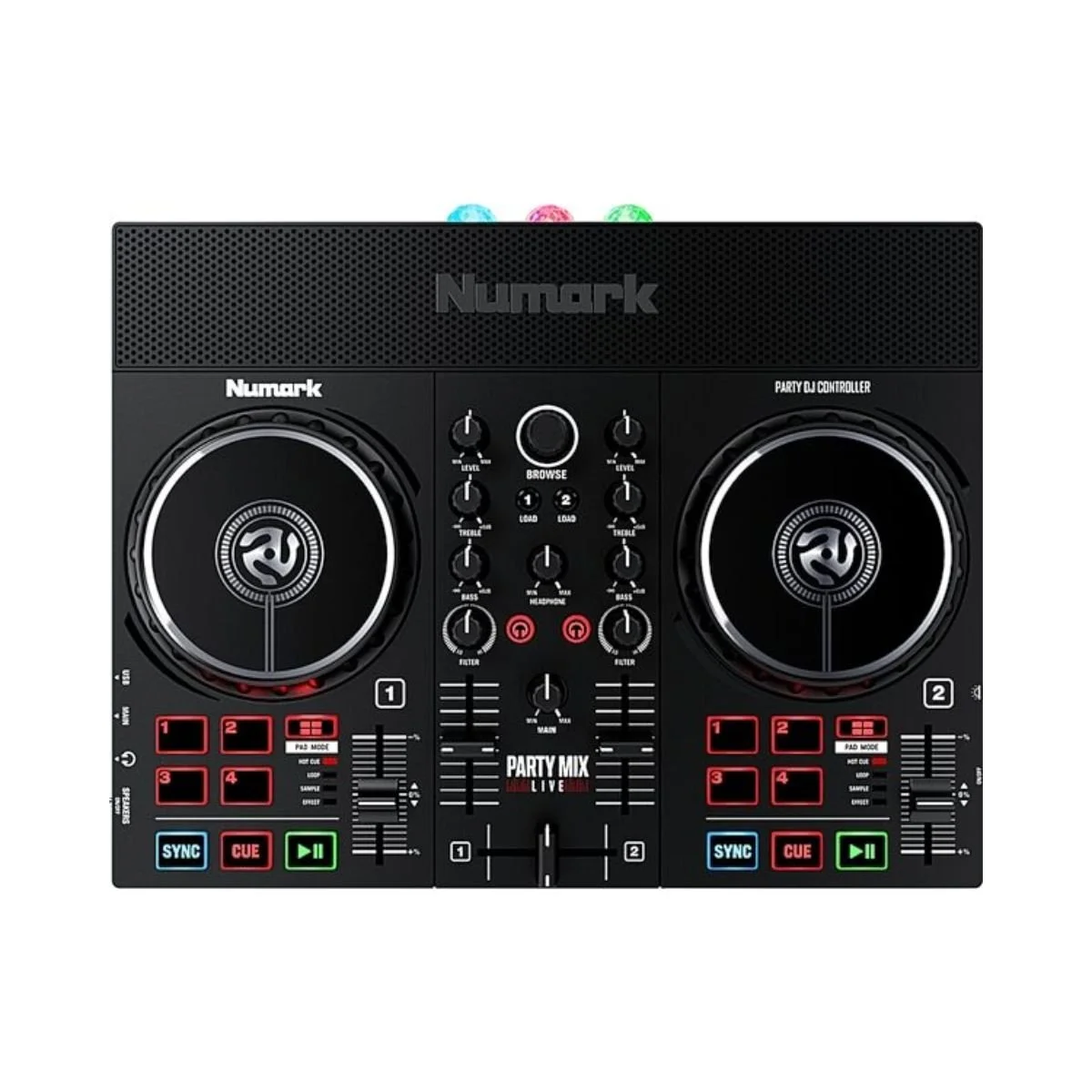Digital DJ controller with two large jog wheels, various control knobs, buttons, and sliders, labeled 'Numark' and 'Party Mix Live'.