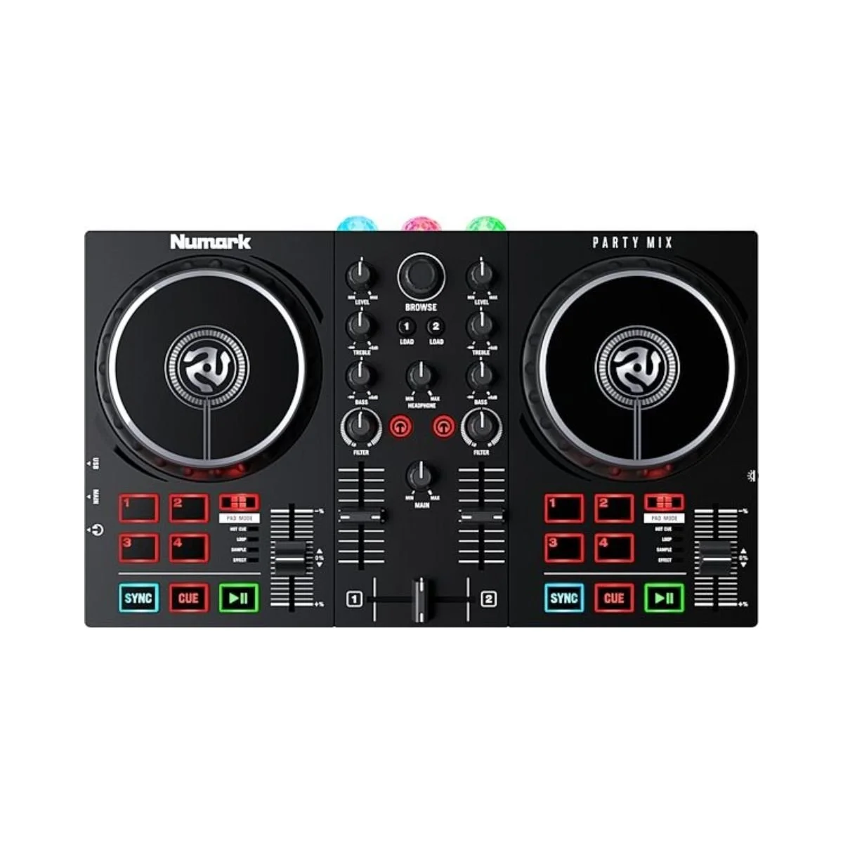 Digital DJ controller with two jog wheels, various buttons and knobs for mixing, color-coded performance pads, and a central mixing interface.