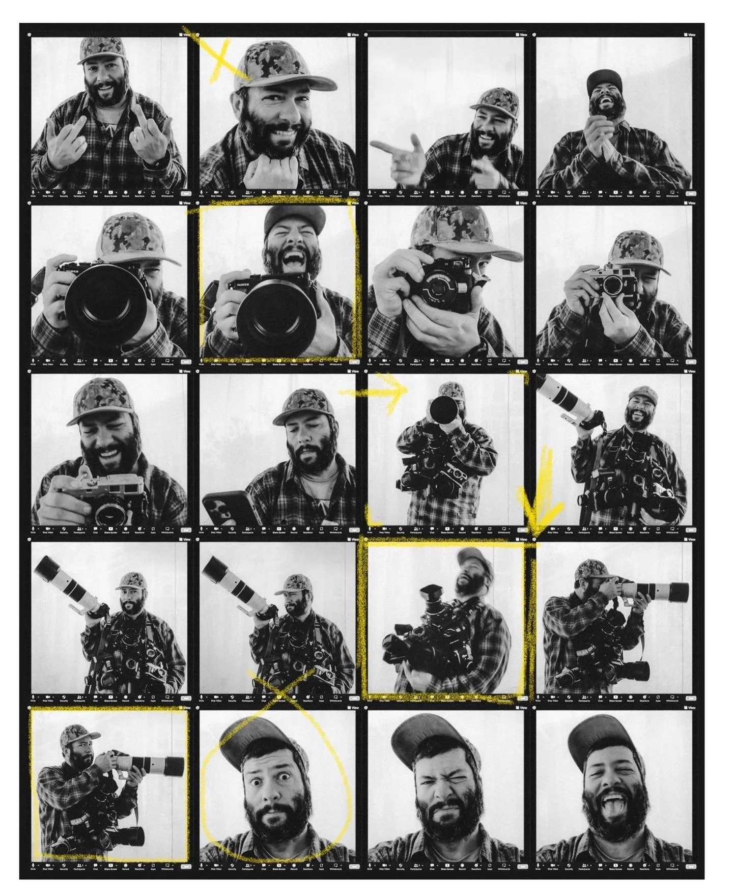 A black and white contact sheet of 20 photographs of a man with a beard wearing a cap and plaid shirt, posing with cameras and phones. The photos show him making various faces, holding camera equipment, and taking selfies, with some images highlighted with yellow markings and arrows.