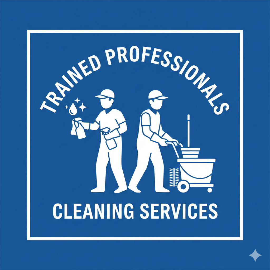 Sign for trained cleaning professionals showing two workers with cleaning tools, one holding a spray bottle, and the other with a mop and bucket, with text indicating cleaning services.