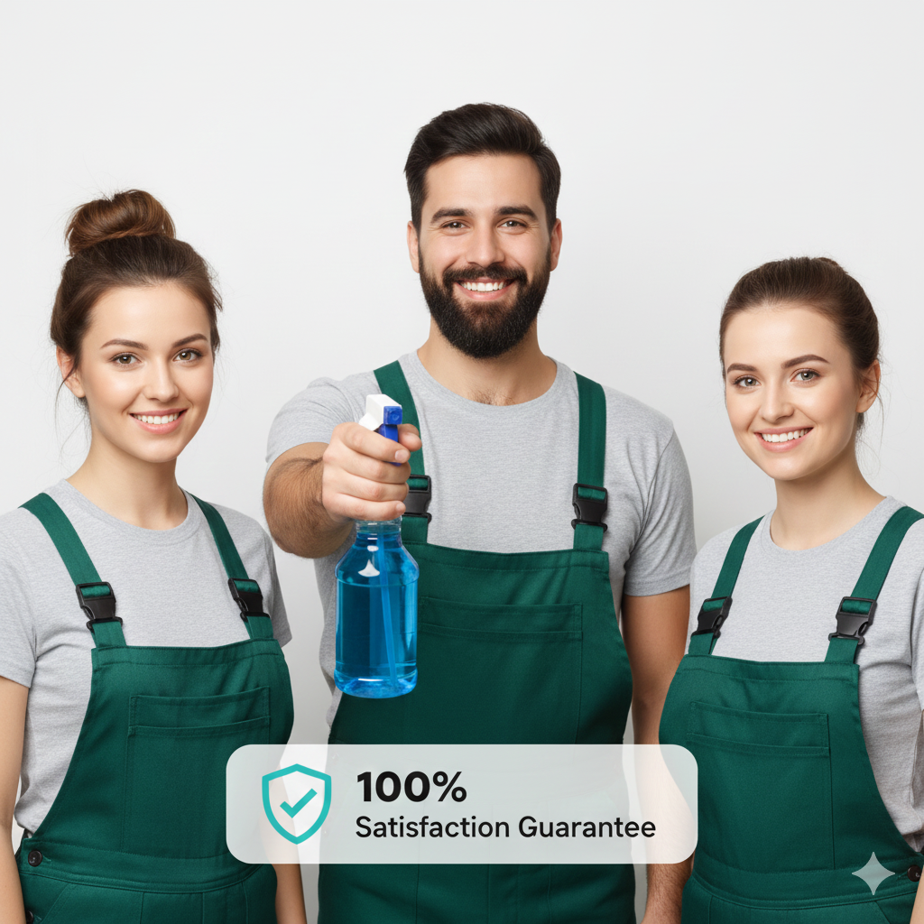 Three smiling people in gray t-shirts and green aprons standing together, with one holding a spray bottle of cleaning solution, against a plain white background.