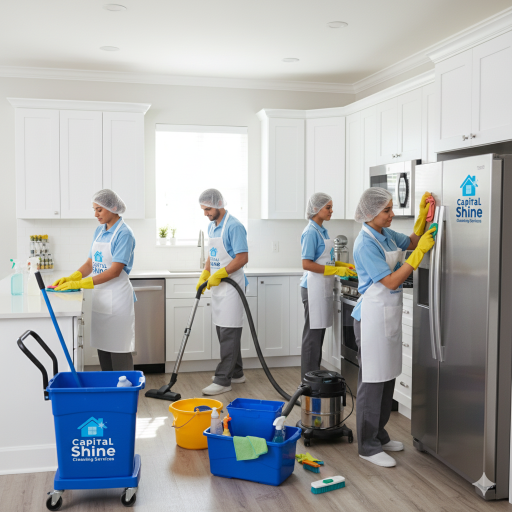 Four cleaning staff wearing uniforms, aprons, hair covers, and yellow gloves, cleaning a modern, bright kitchen with white cabinets, a dishwasher, microwave, and stainless steel refrigerator. Blue and yellow cleaning buckets, a vacuum cleaner, and cleaning supplies are on the floor.