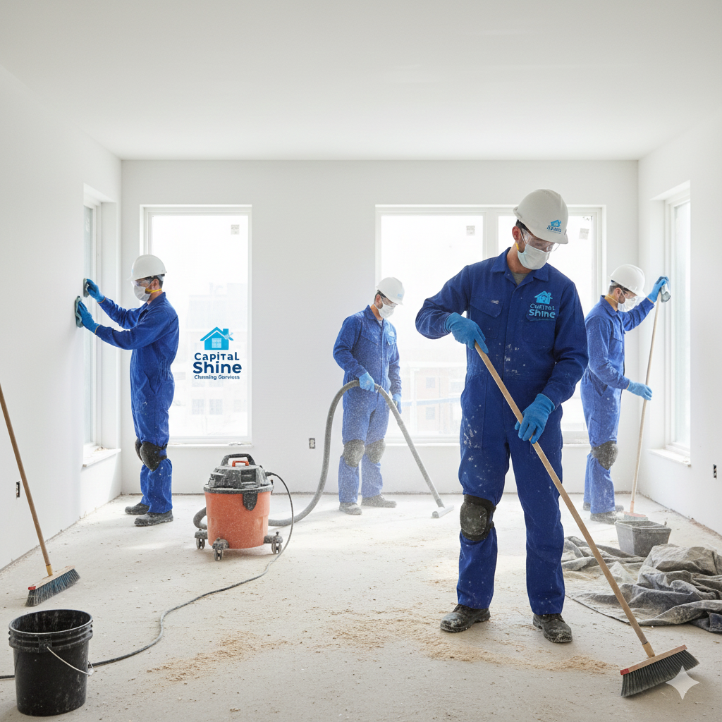 Four workers in blue uniforms and white helmets cleaning a large, empty white room with large windows, using brooms and a vacuum.