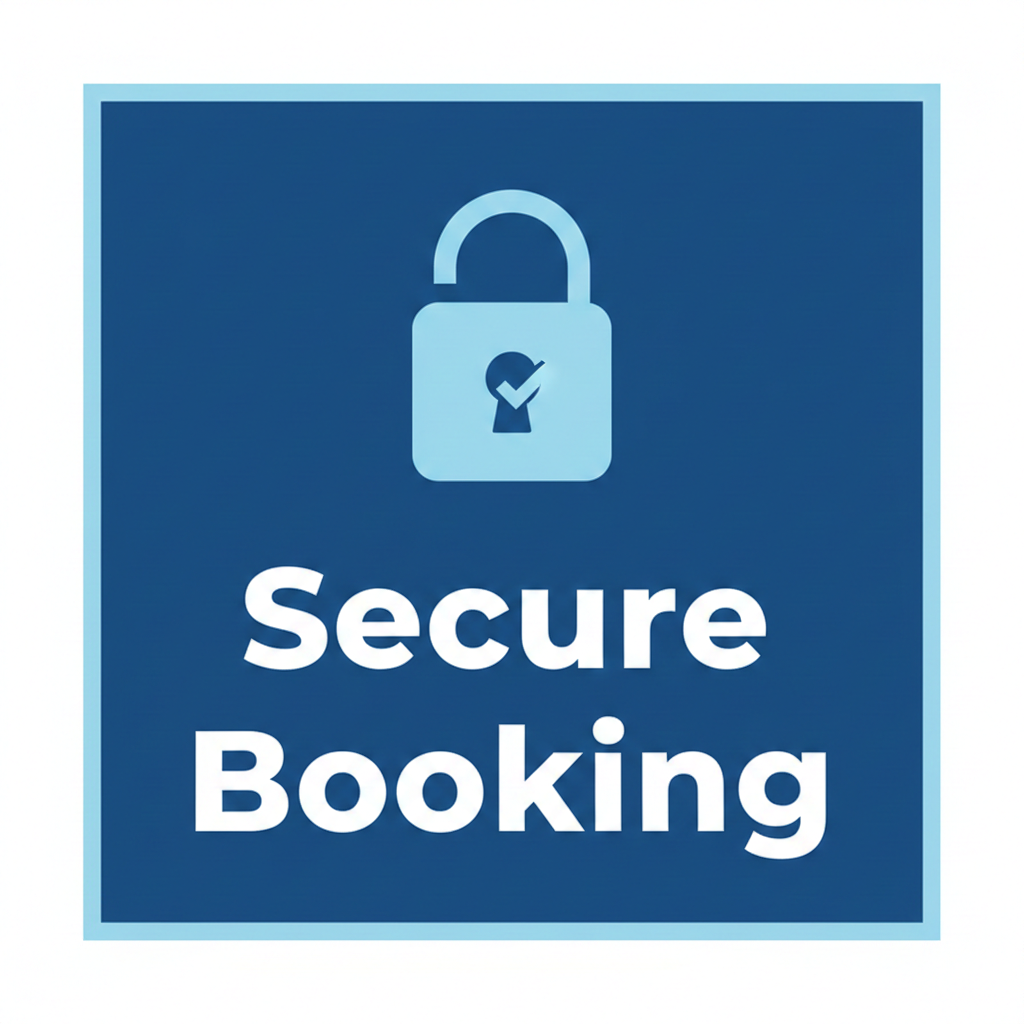 Blue sign with a padlock icon and the words 'Secure Booking' indicating a secure reservation system.
