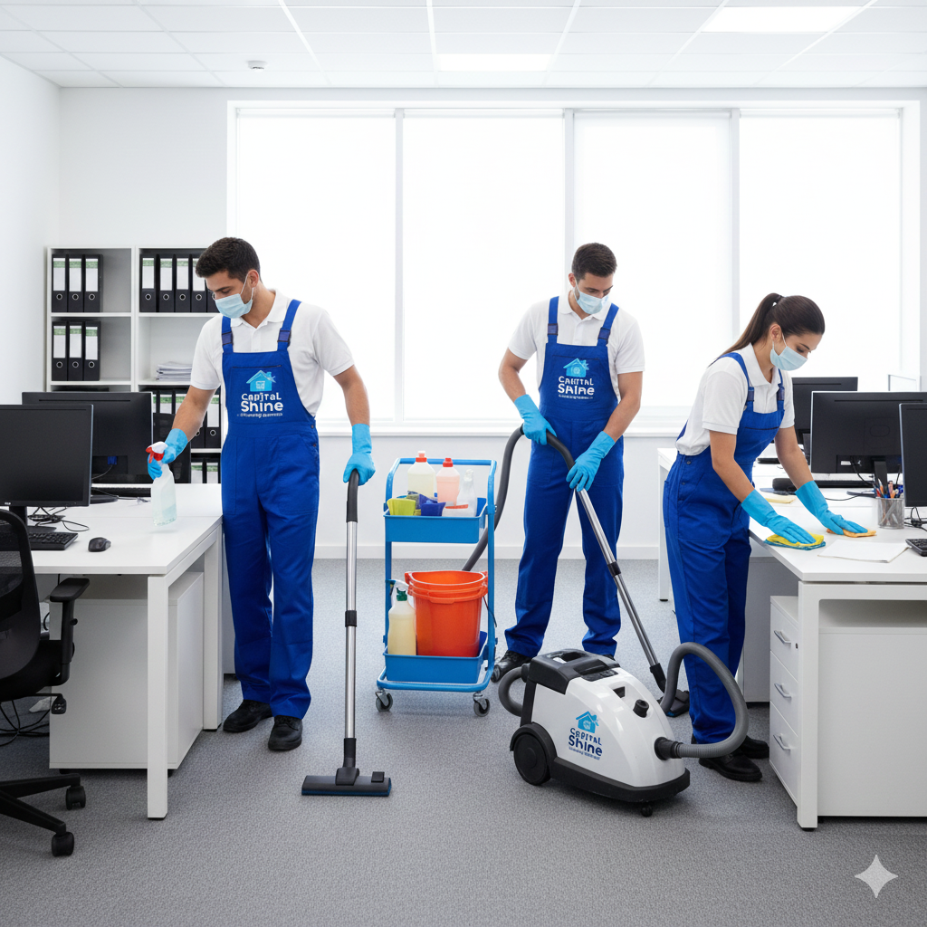 Three cleaning workers in an office wiping desks, vacuuming, and spraying disinfectant, wearing blue uniforms, masks, and gloves.