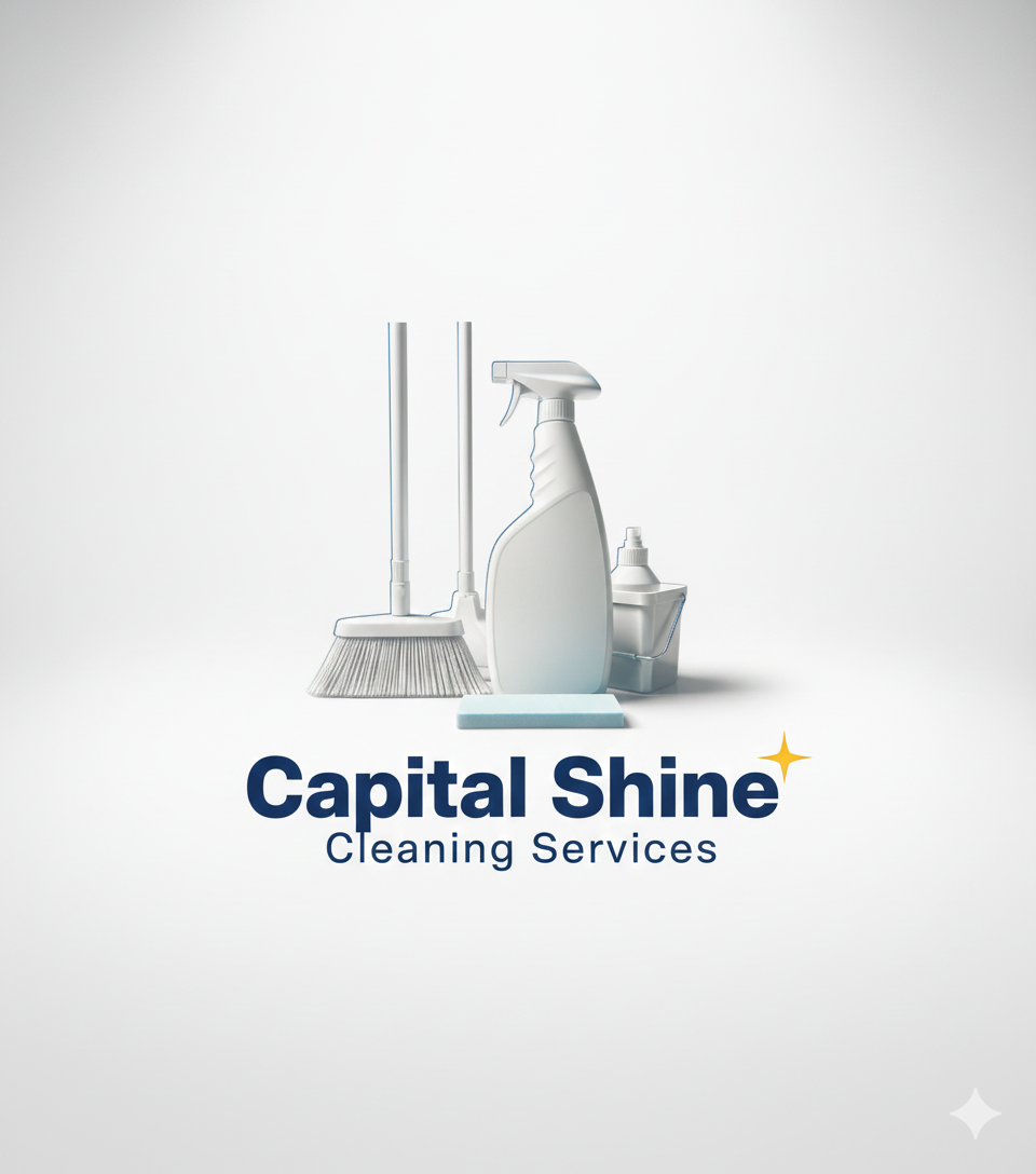 Cleaning supplies including a broom, spray bottle, and cleaning cloth with the logo for Capital Shine Cleaning Services.