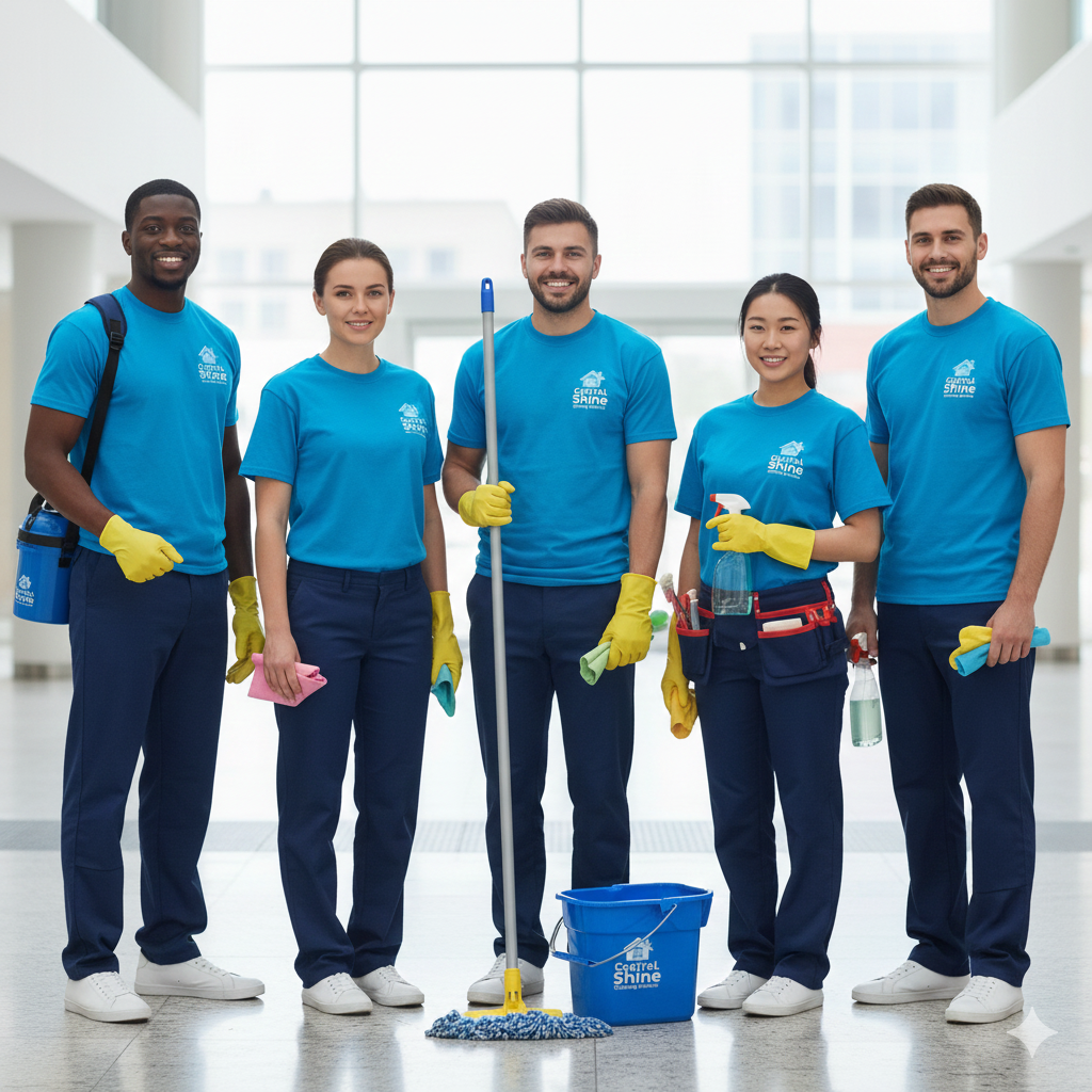 Group of five diverse janitors in blue uniforms with cleaning supplies, standing in a bright, modern building lobby.