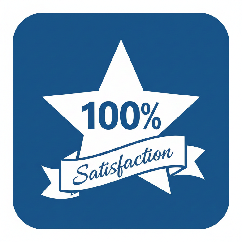 A blue square icon with a white star and a banner that reads "100% Satisfaction."