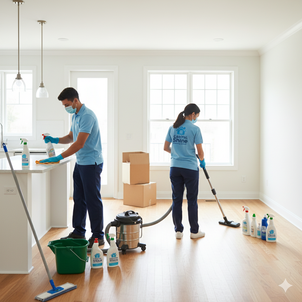 Two professional cleaners in blue uniforms and masks cleaning a bright, empty living room with hardwood floors. One is using a spray bottle and cloth, the other is vacuuming the floor.