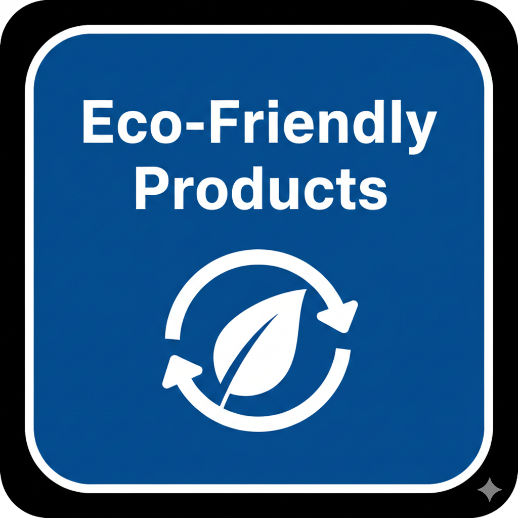 Blue sign with white text that reads 'Eco-Friendly Products' and an icon of a leaf within a recycling symbol.
