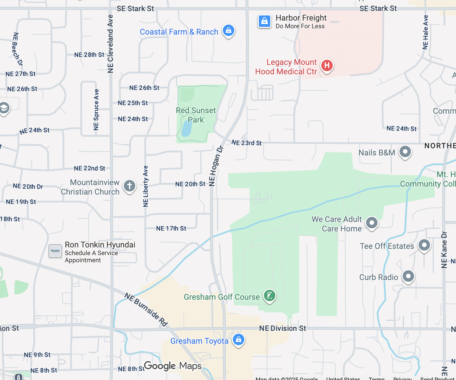 Map showing roads, parks, and businesses including Red Sunset Park, Mt. Hood Community College, and Gresham Toyota in Gresham, Oregon.