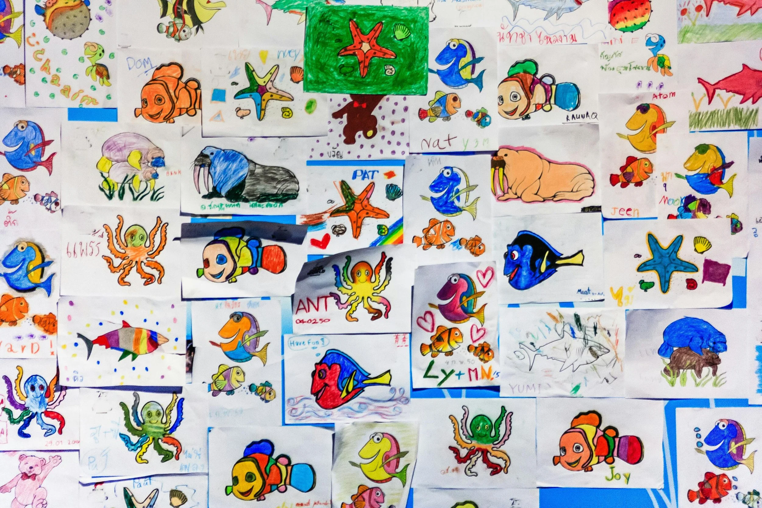 A collage of various colorful children's drawings of underwater animals, including fish, starfish, octopus, and other sea creatures, on white paper.