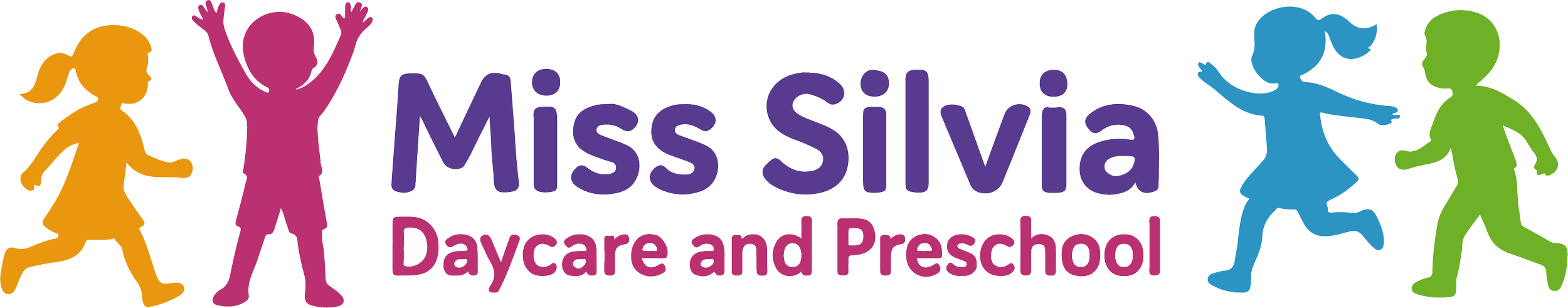 Colorful logo for Miss Silvia Daycare and Preschool with silhouettes of children playing.