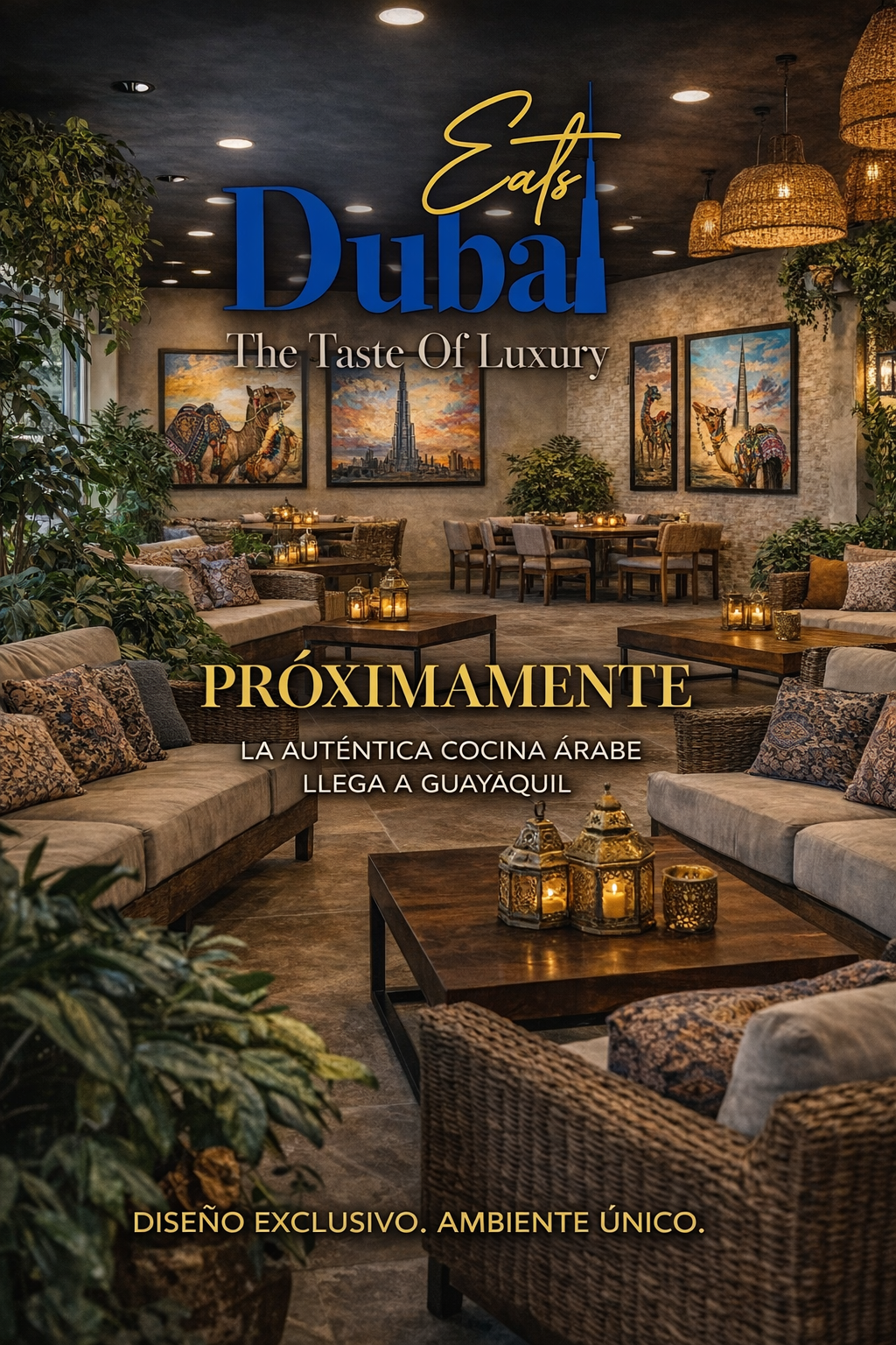 Fotografía del interior del restaurante Dubai Eats, que captura el ambiente acogedor del restaurante junto con los sofás y plantas bohemios con una iluminación y una atmósfera cálidas.