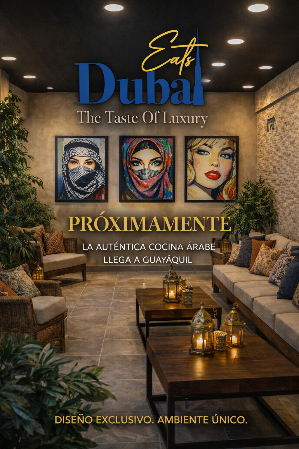 Fotografía del interior del restaurante Dubai Eats, que captura el ambiente acogedor del restaurante junto con los sofás y plantas bohemios y la atmósfera bohemia con fotos de arte pop en las paredes.