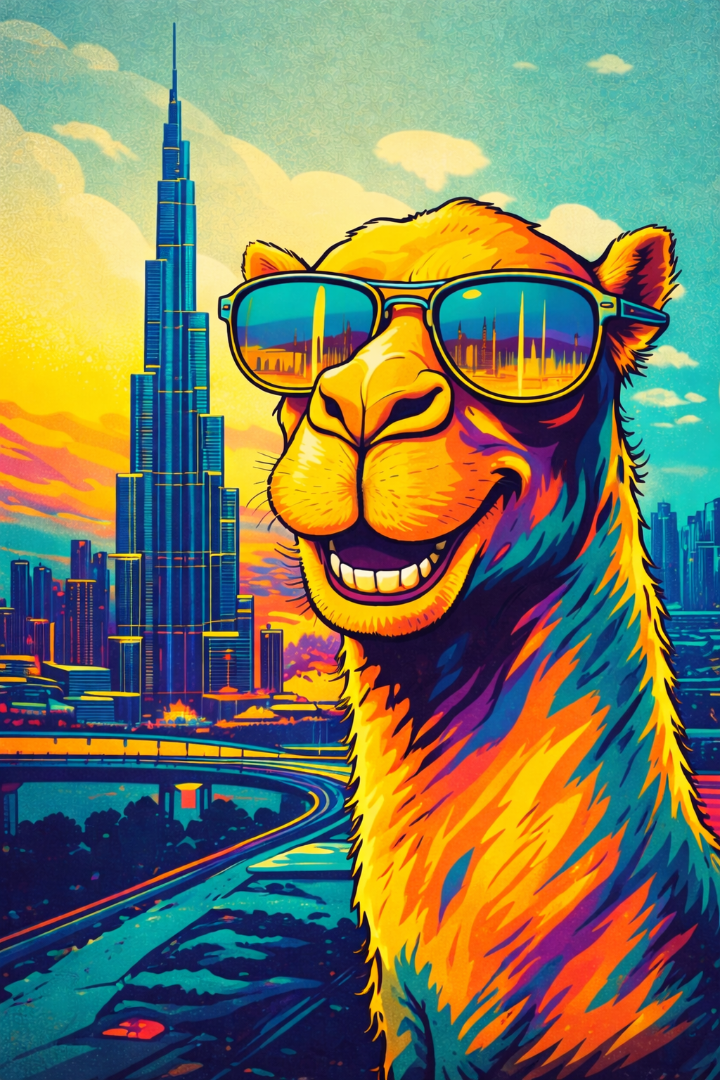 Foto de arte pop que estará colgada en las paredes del interior del restaurante Dubai Eats para un camello tomándose una selfie con el Burj Khalifa detrás.