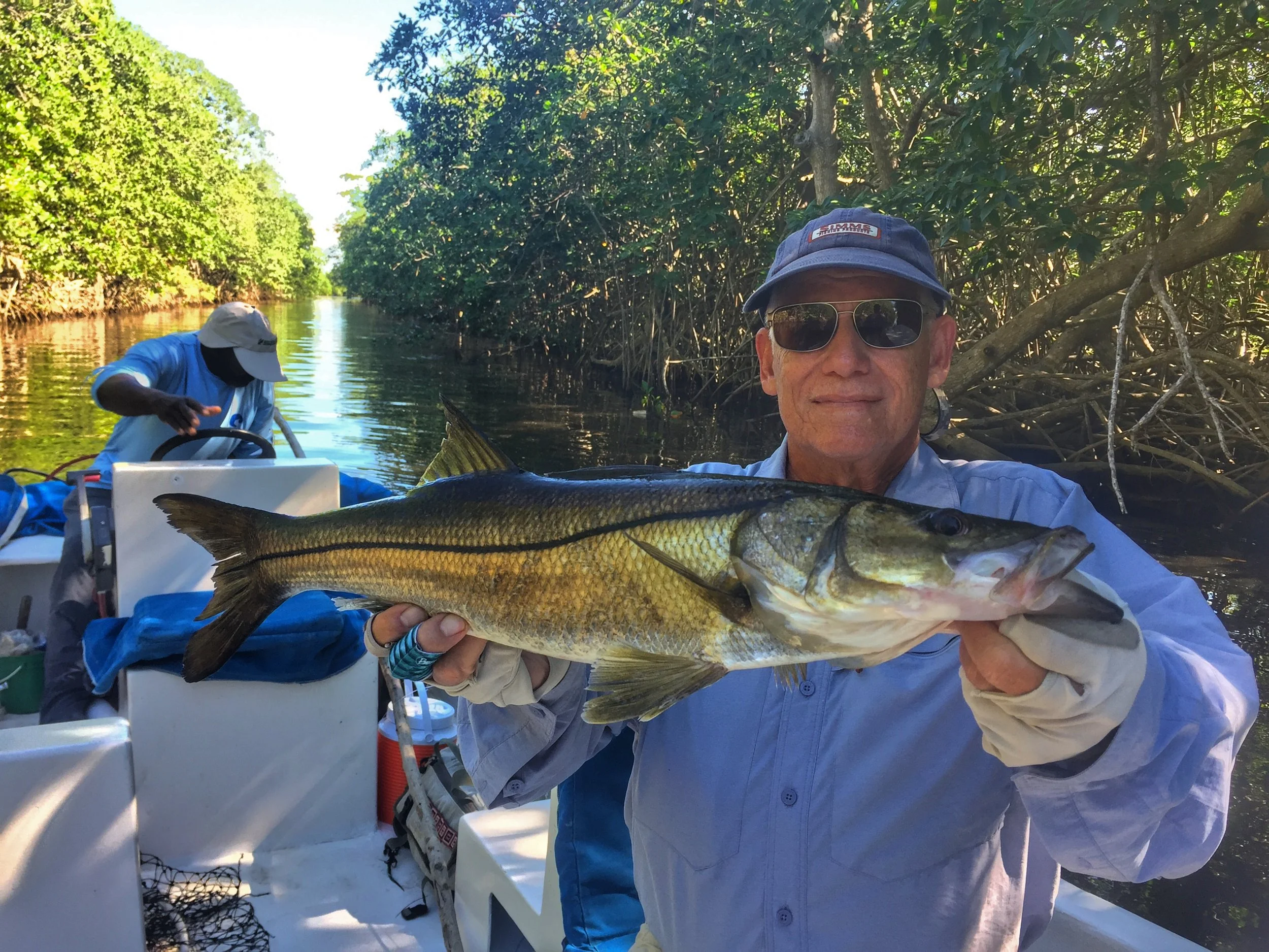 Man wearing sunglasses and a hat holding a large fish on a boat in a mangrove-lined waterway.