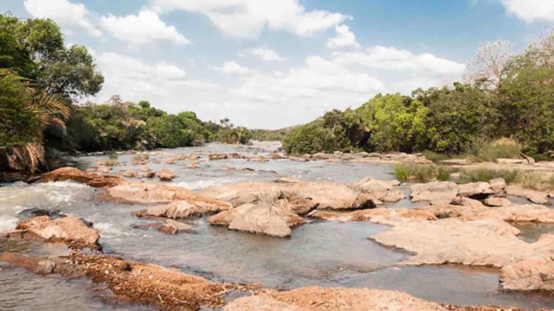 Rocky freestone river in Tanzania, ideal habitat for tigerfish, surrounded by lush green banks under a blue sky.