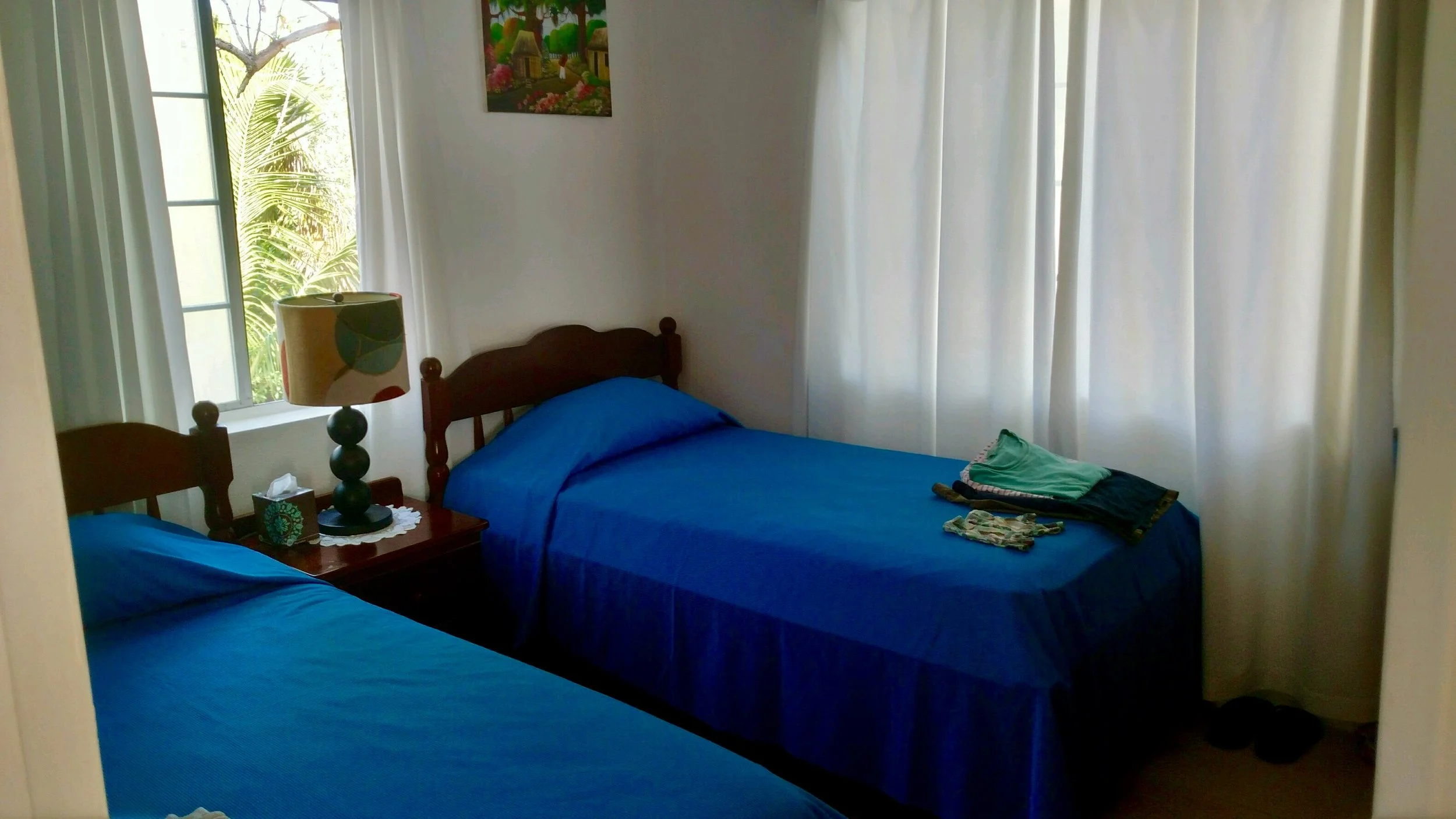 Comfortable twin bedroom at Belize River Lodge with blue bedding, nightstand, lamp, and tropical view from window.