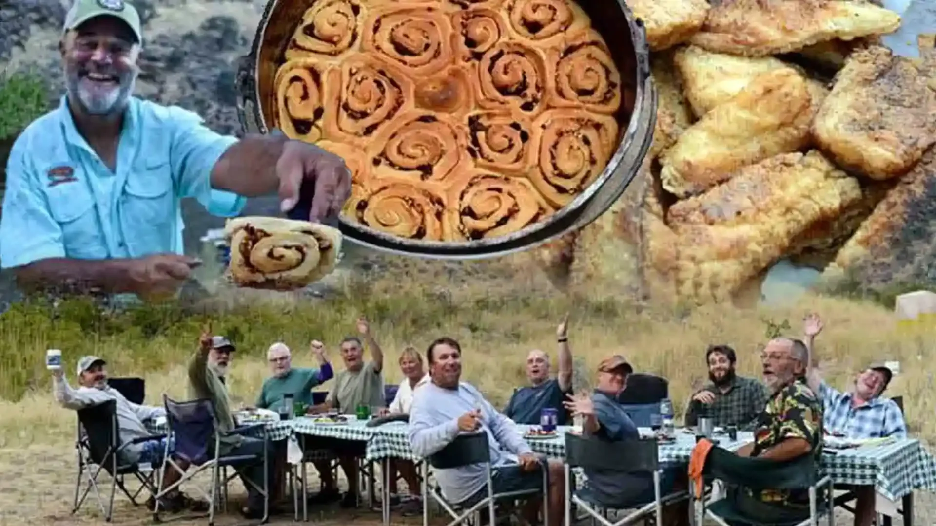 Happy anglers enjoy a delicious camp meal on the Middle Fork of the Salmon River, featuring Dutch oven cinnamon rolls and fried fish.