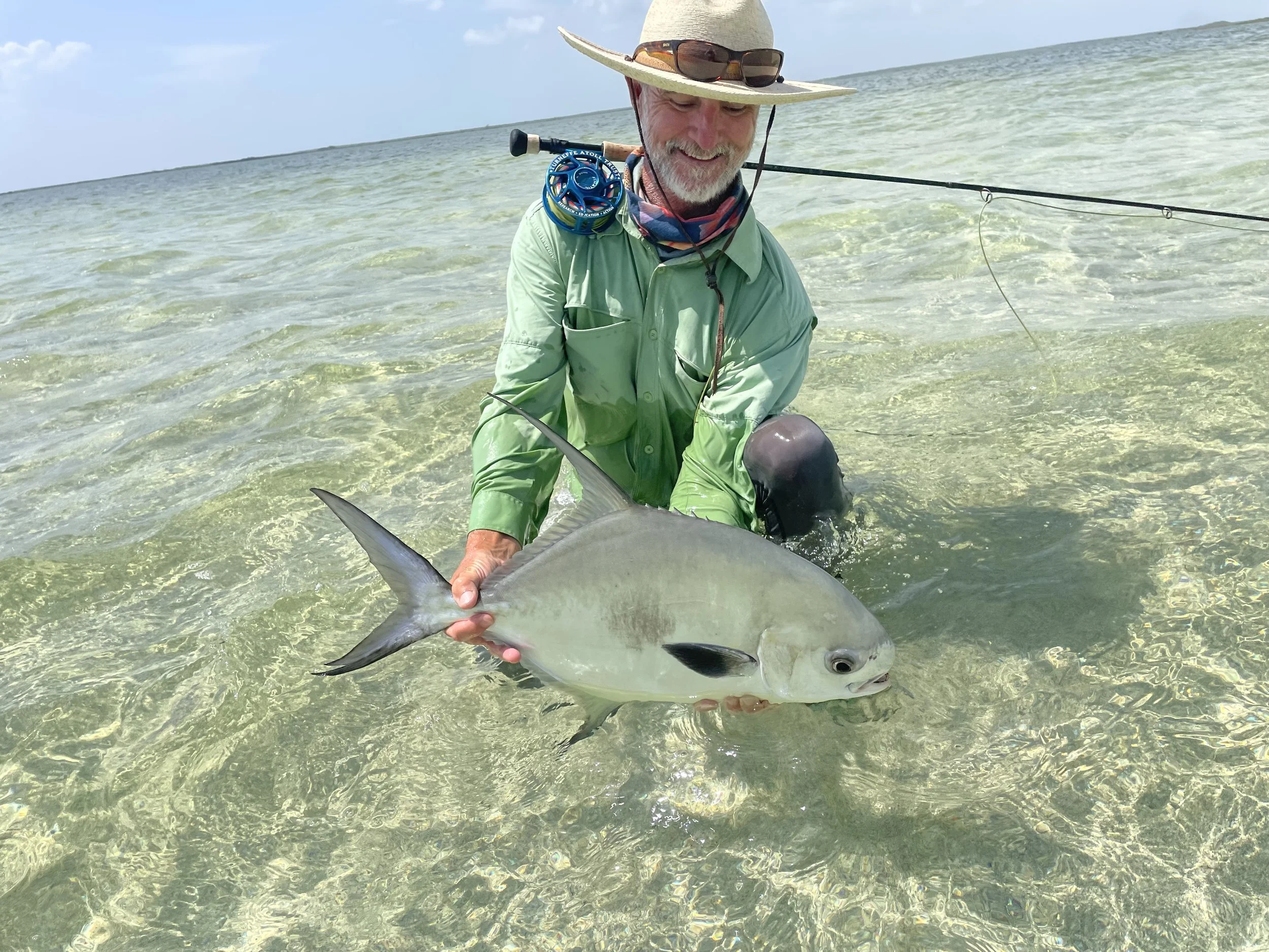 Angler wearing a large hat and green shirt with a fly rod over his shoulder kneeling in clear waters of Ascension Bay holding a permit caught while fishing with Kāy Fly Lodge