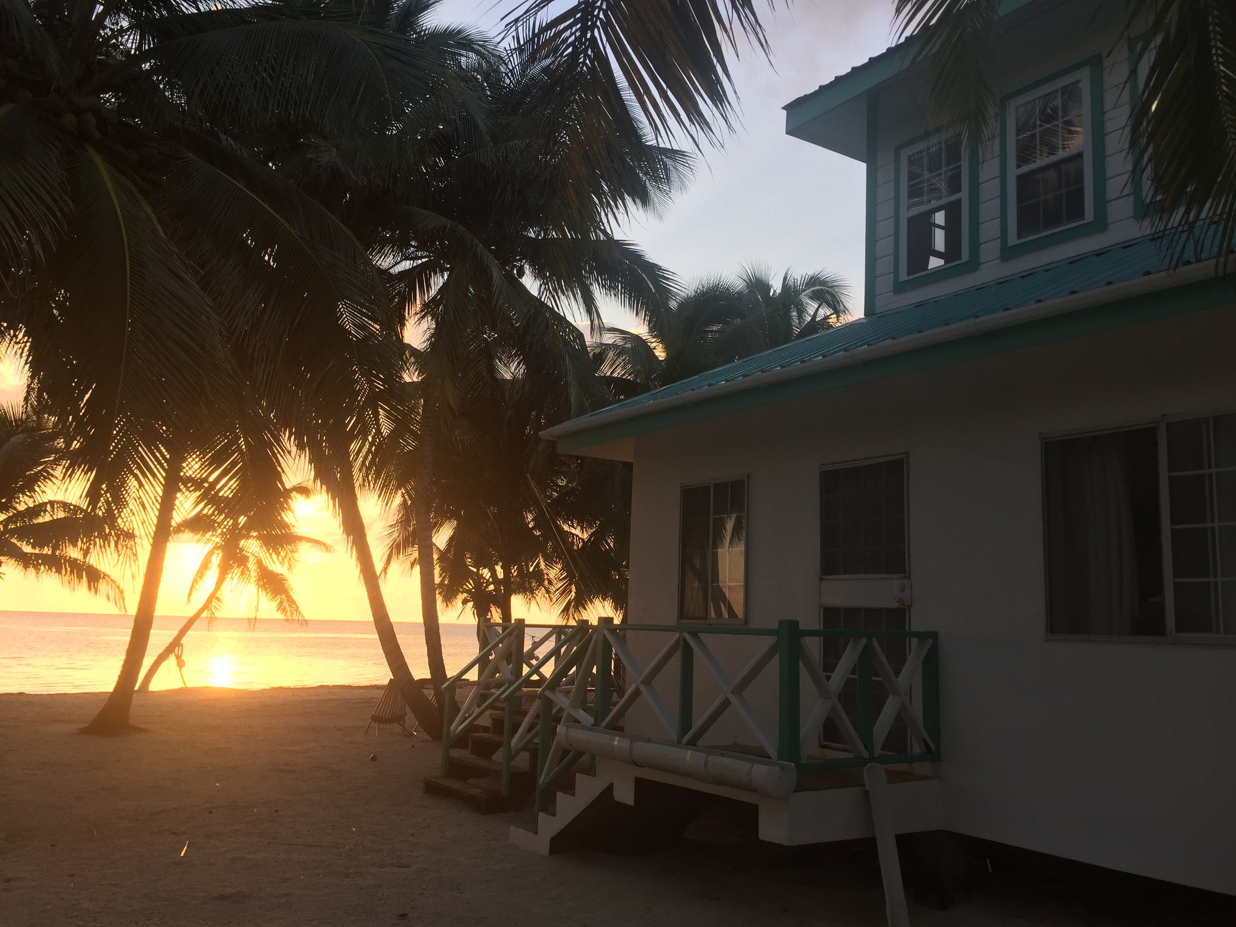 Golden sunset over tranquil saltwater flats with silhouetted palm trees and a white lodge, Belize.