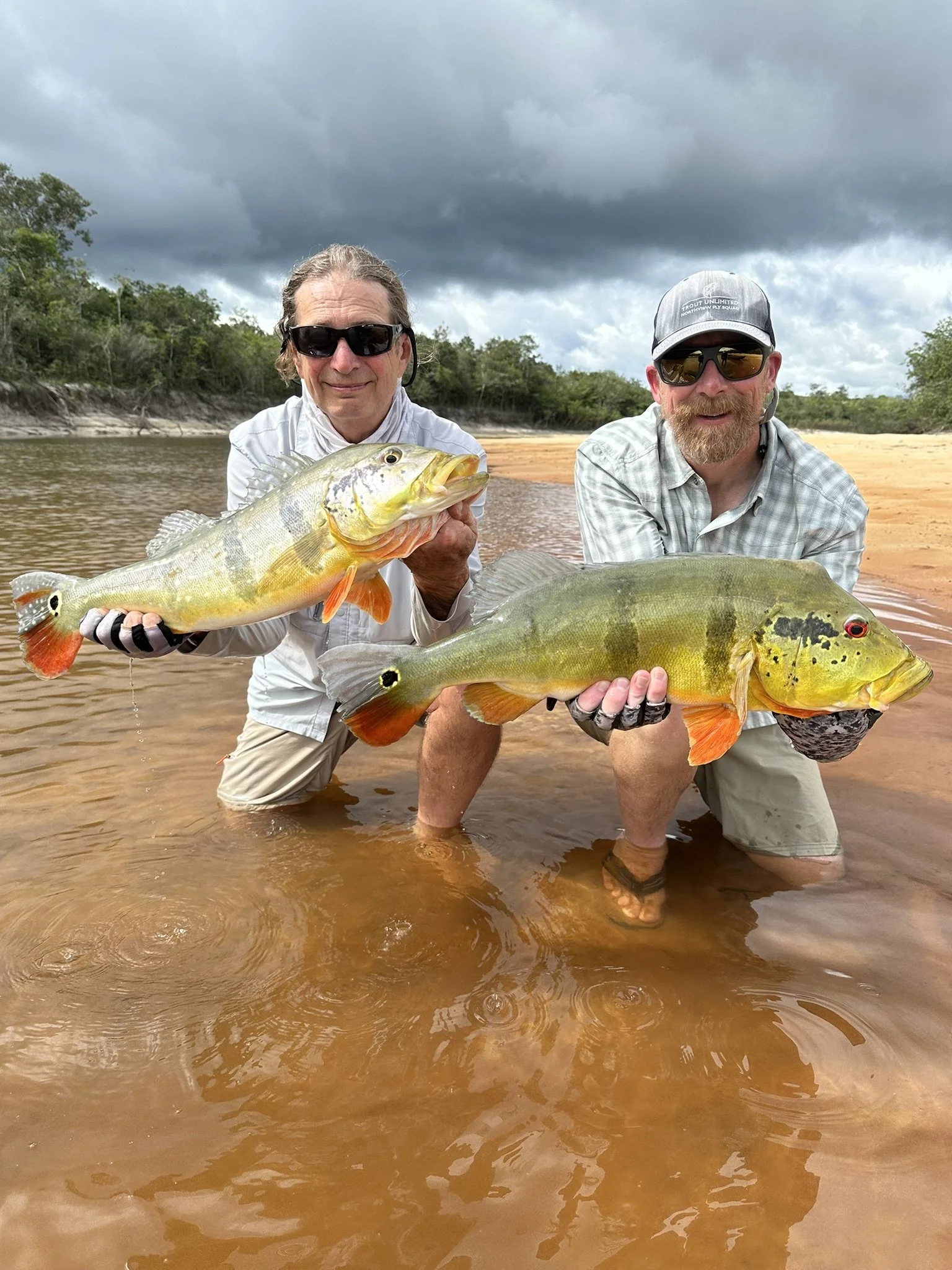 Two men kneeling in river water, holding large fish they caught, with trees and cloudy sky in background.