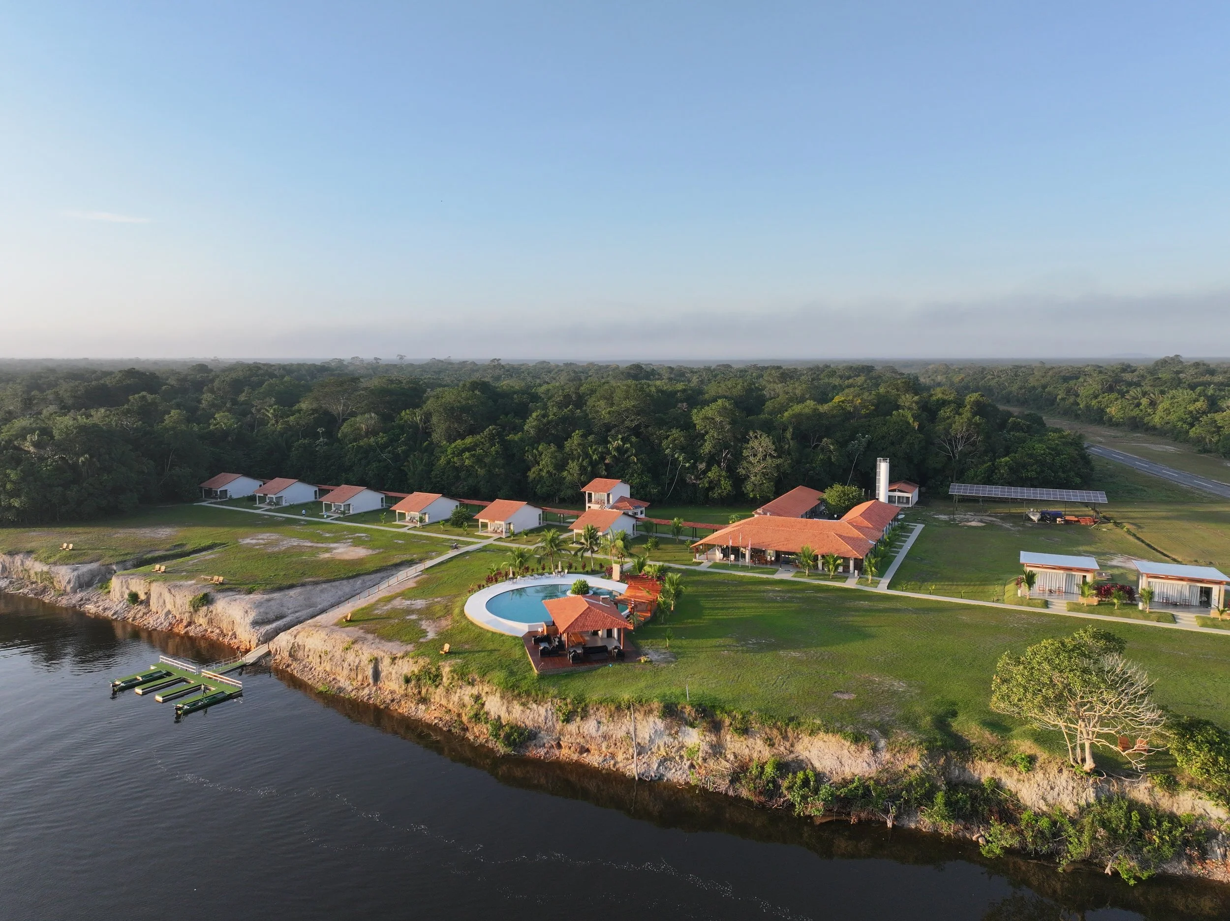 Aerial view of Agua Boa Amazon Lodge on the bank of the Agua Boa River in Brazil.