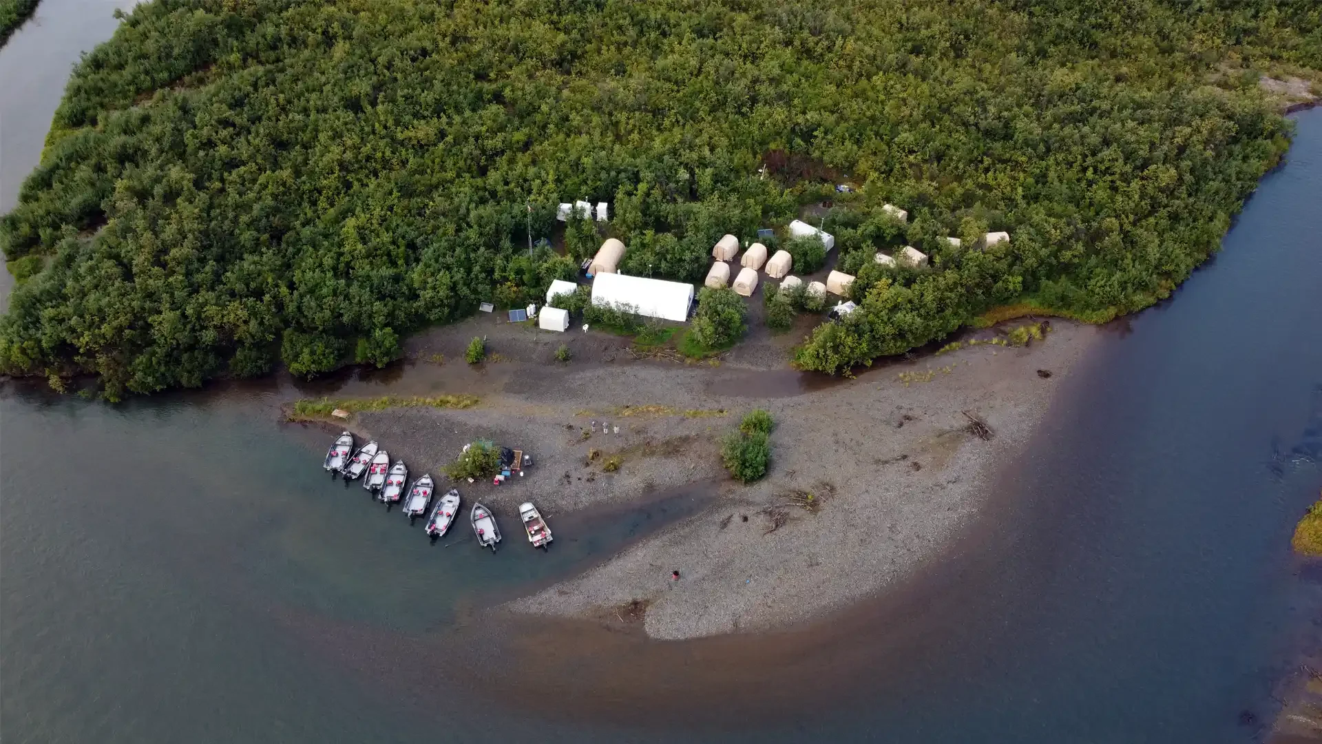 Aerial view of Dave Duncan & Sons fishing camp in Alaska, with tents nestled in trees and boats moored on a gravel river bank.