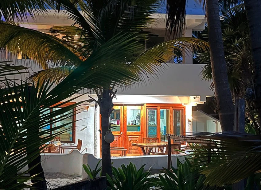 Nighttime view of Kay Fly Lodge with large windows, wooden doors, and an outdoor patio area surrounded by palm trees and lush greenery.
