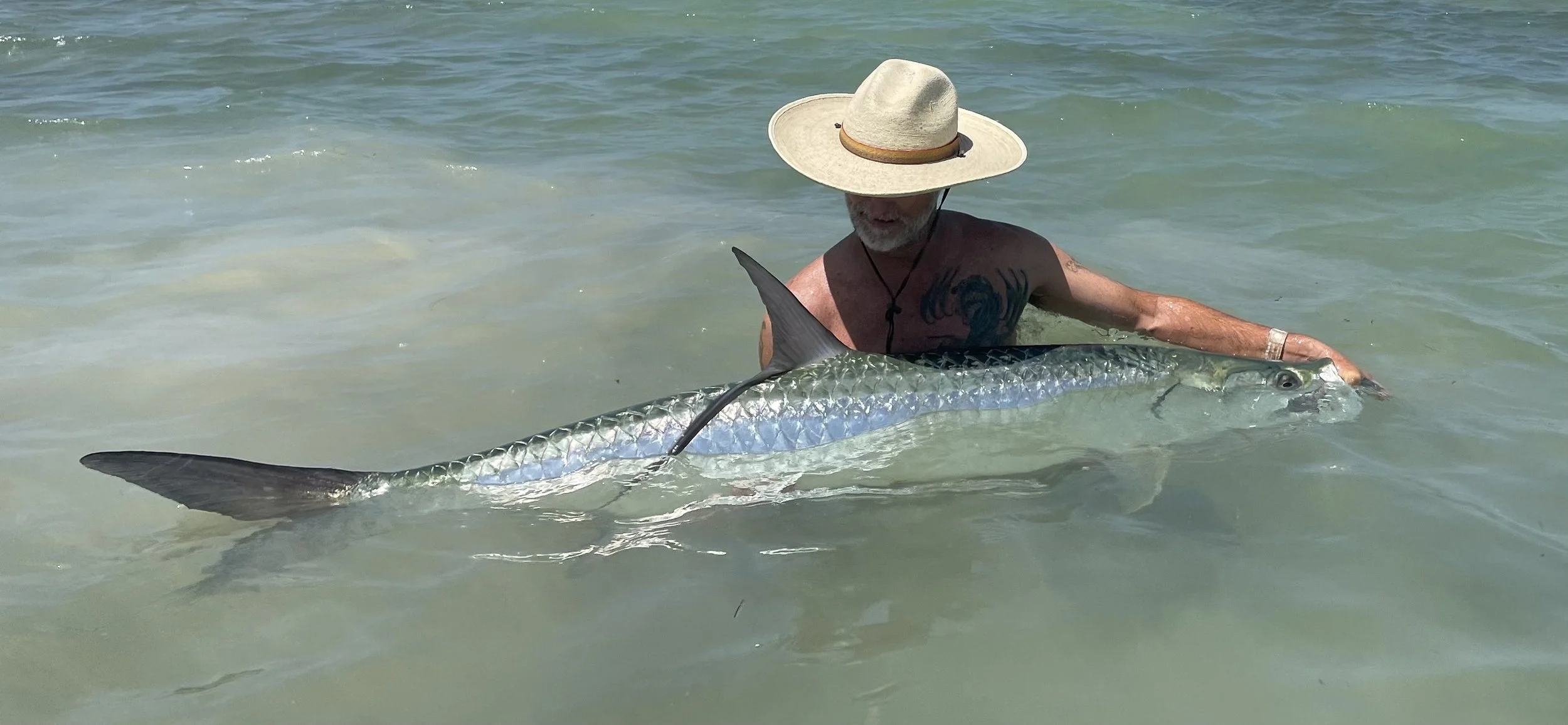 Fly fishing angler holding a large tarpon in the waters of Ascension Bay, Mexico after a successful day with Kay Fly Lodge in Punta Allen.