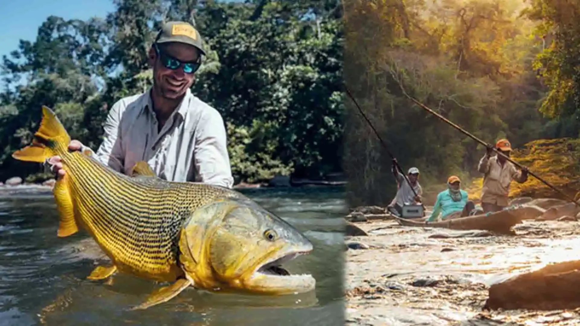 Angler holding a large golden dorado on the Agua Negra River with a canoe of people paddling downstream