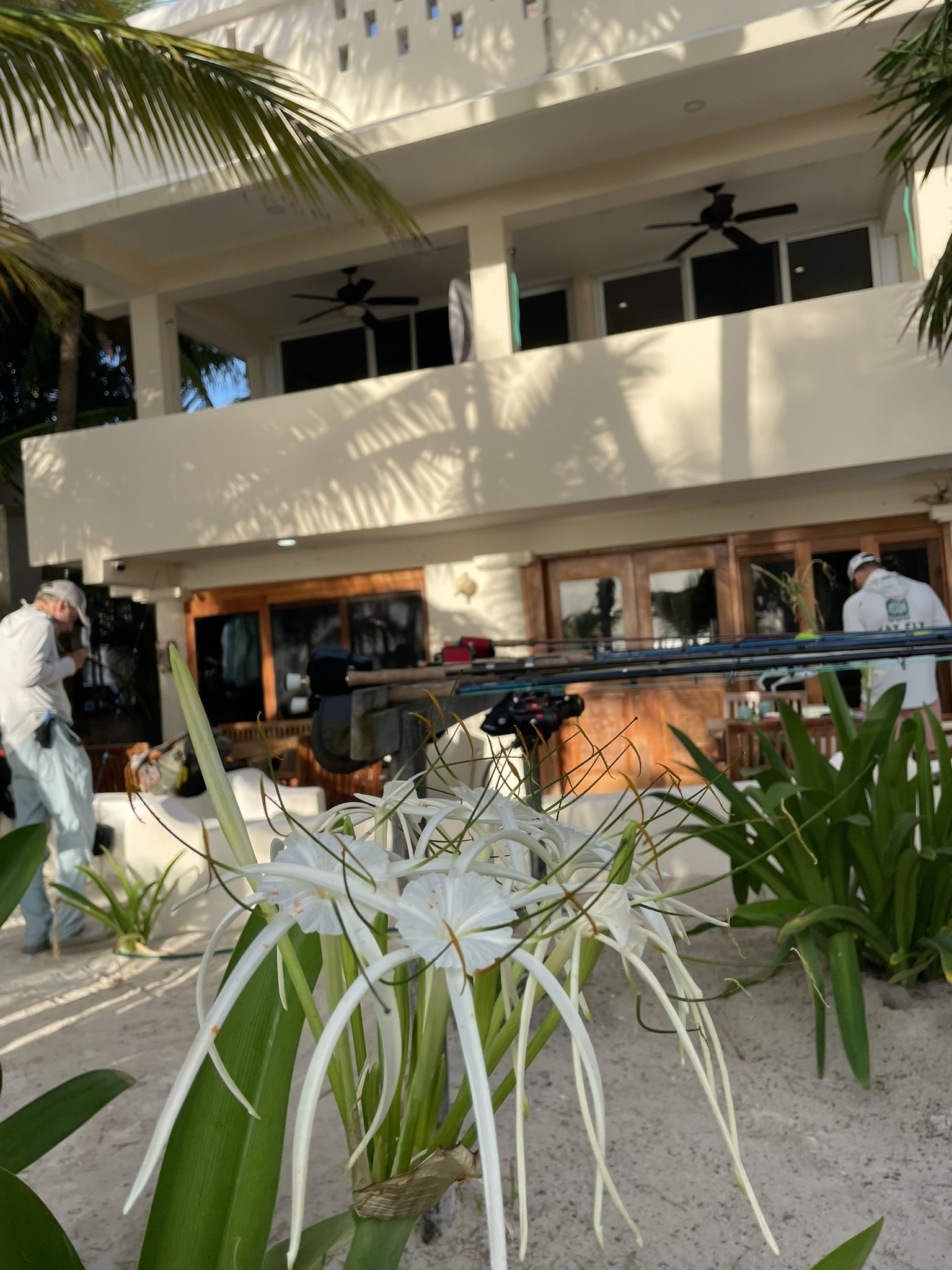 Beachside house with white exterior, balcony, and palm trees. Crew members setting up equipment outside.